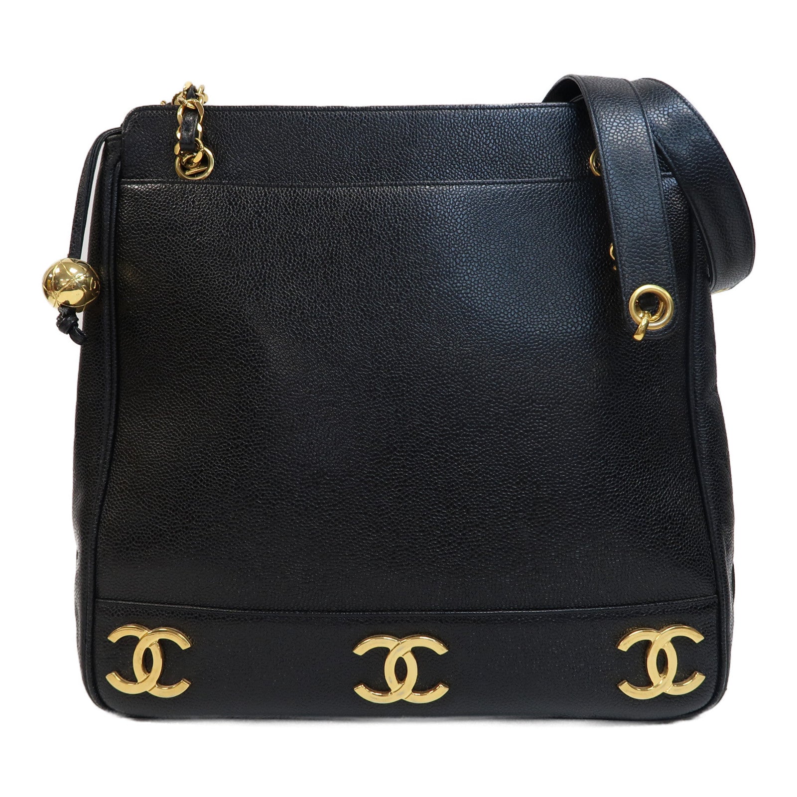 CHANEL Caviar皮革Shoulder Tote金扣肩背袋黑色