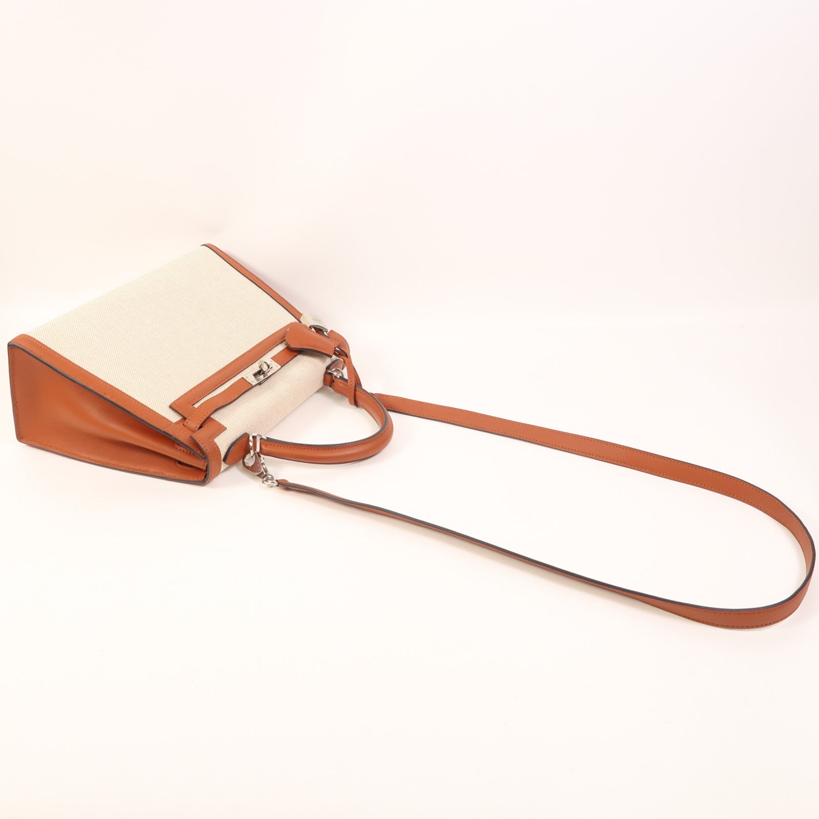 HERMES Toile H帆布/Swift皮革Kelly 25銀扣手挽肩背兩用袋Cuivre