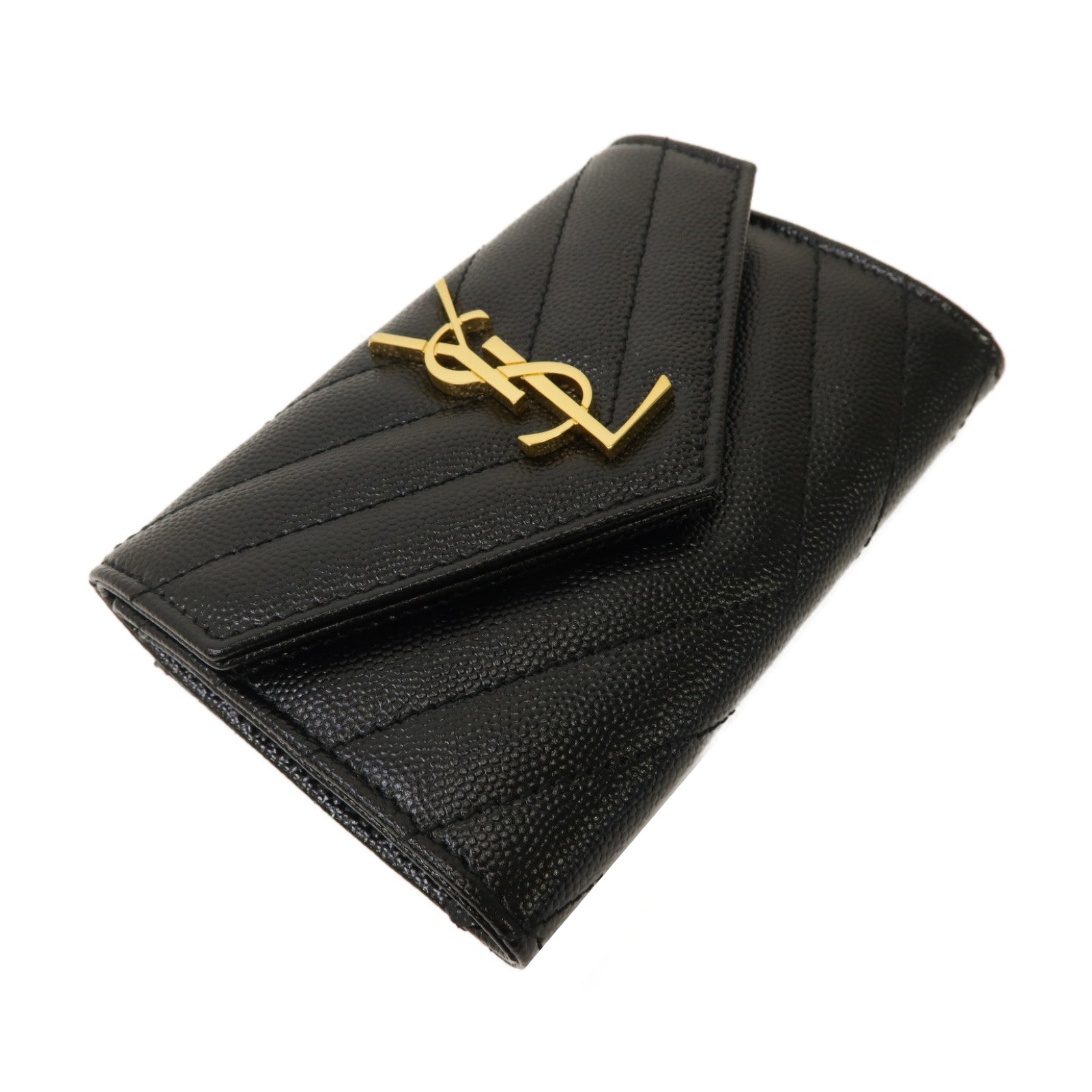 YVES SAINT LAURENT 斜紋牛皮皮革Card Case金扣卡片套黑色