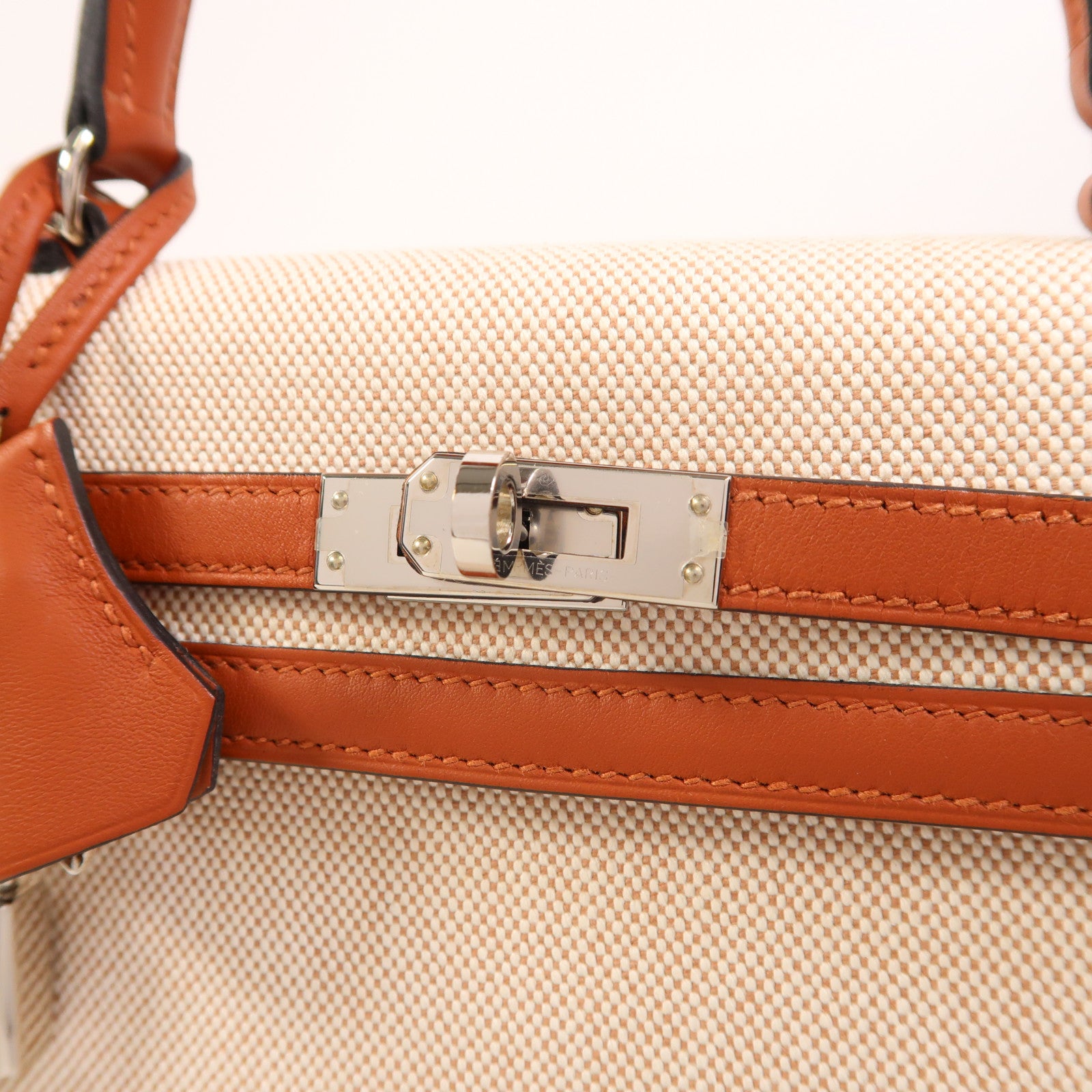 HERMES Toile H帆布/Swift皮革Kelly 25銀扣手挽肩背兩用袋Cuivre