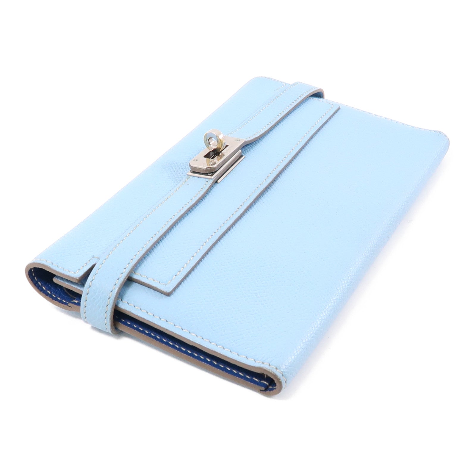 HERMES Epsom皮革Kelly Wallet銀扣長錢包Celeste/淺藍色