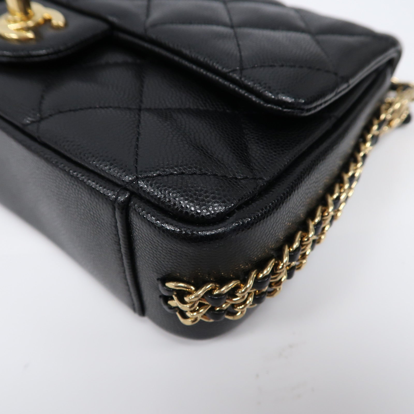CHANEL 菱格牛皮皮革Mini Flap Bag金扣鏈帶肩背袋黑色