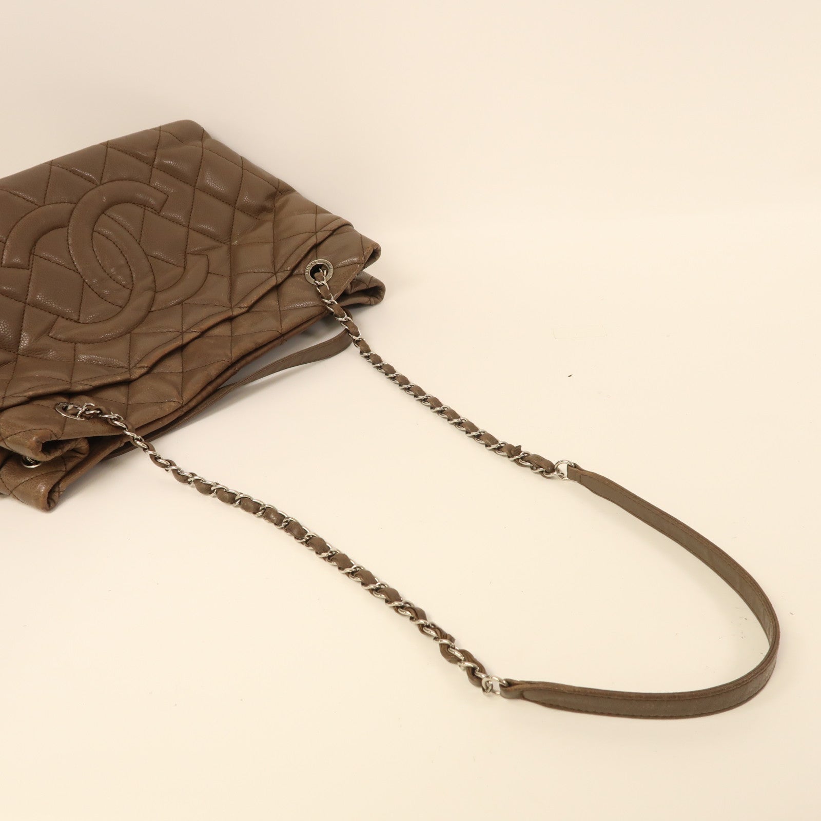 CHANEL 牛皮皮革Chain Shoulder銀扣肩背袋啡色