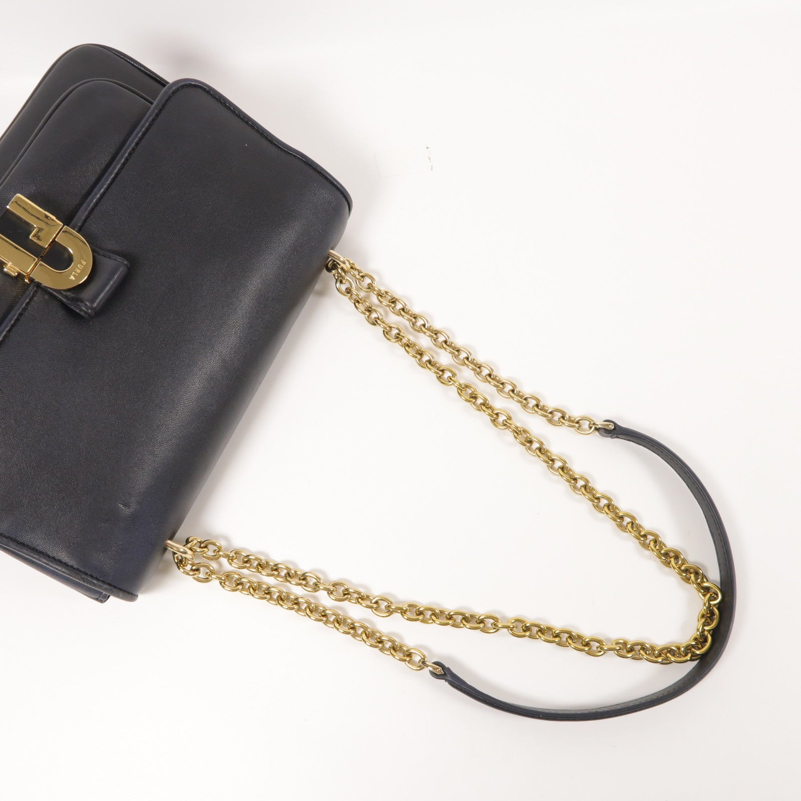 Furla GHW Chain Shoulder Bag Calfskin Leather Black