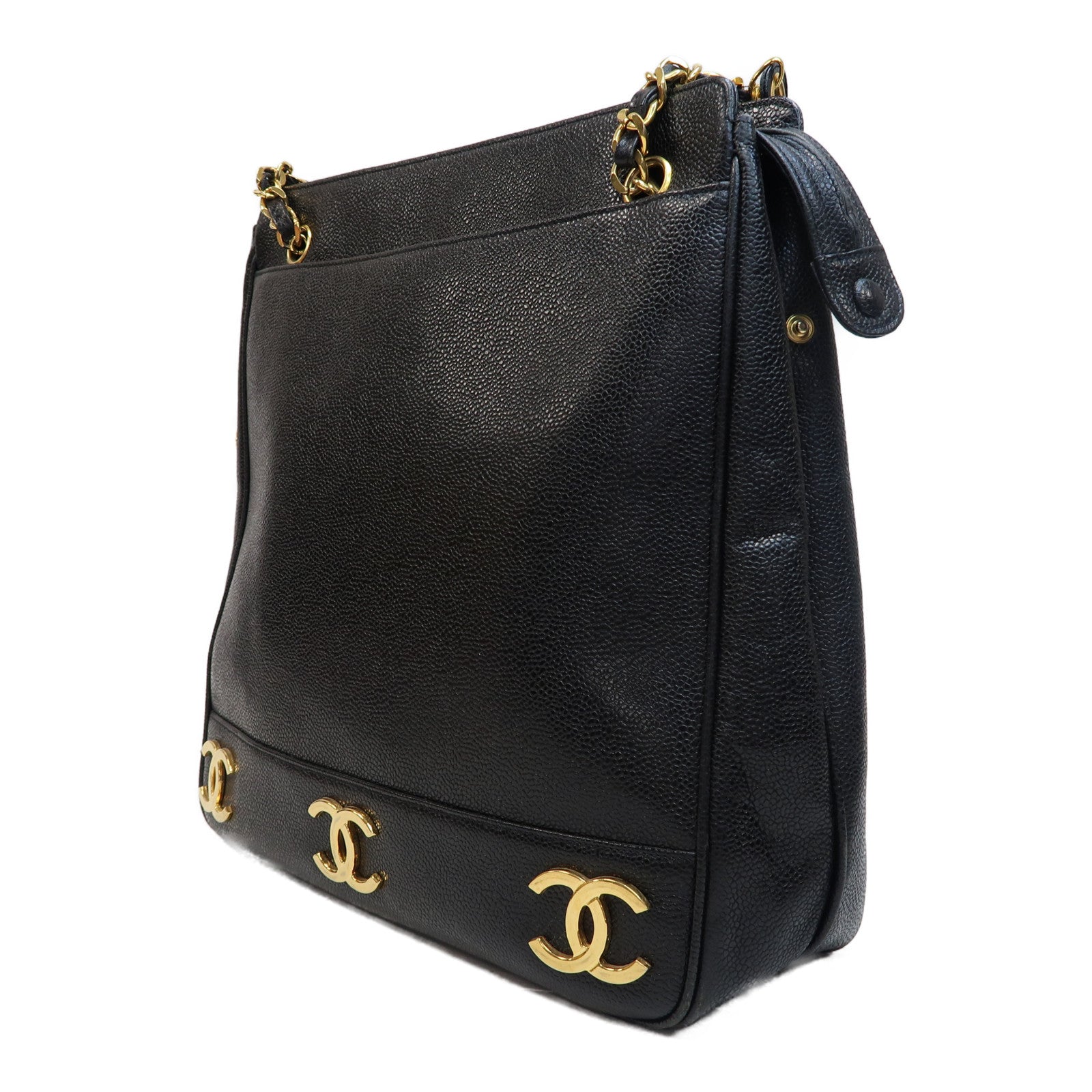 CHANEL Caviar皮革Shoulder Tote金扣肩背袋黑色