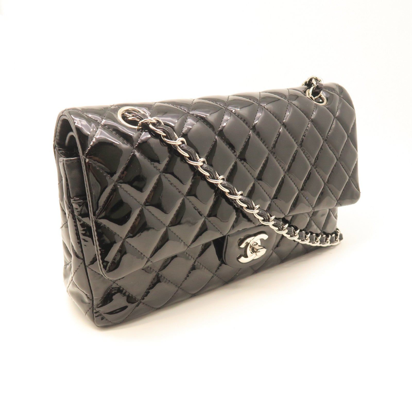 CHANEL diamond patent leather Chain Shoulder silver buckle chain shoulder bag black