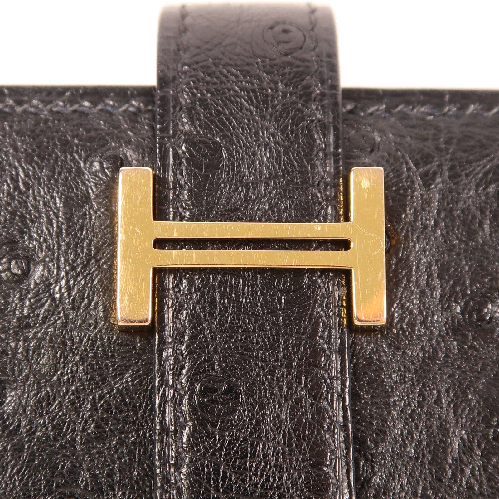 HERMES 鴕鳥皮革Portefeuille Bearn Souffle金扣長錢包Noir黑色