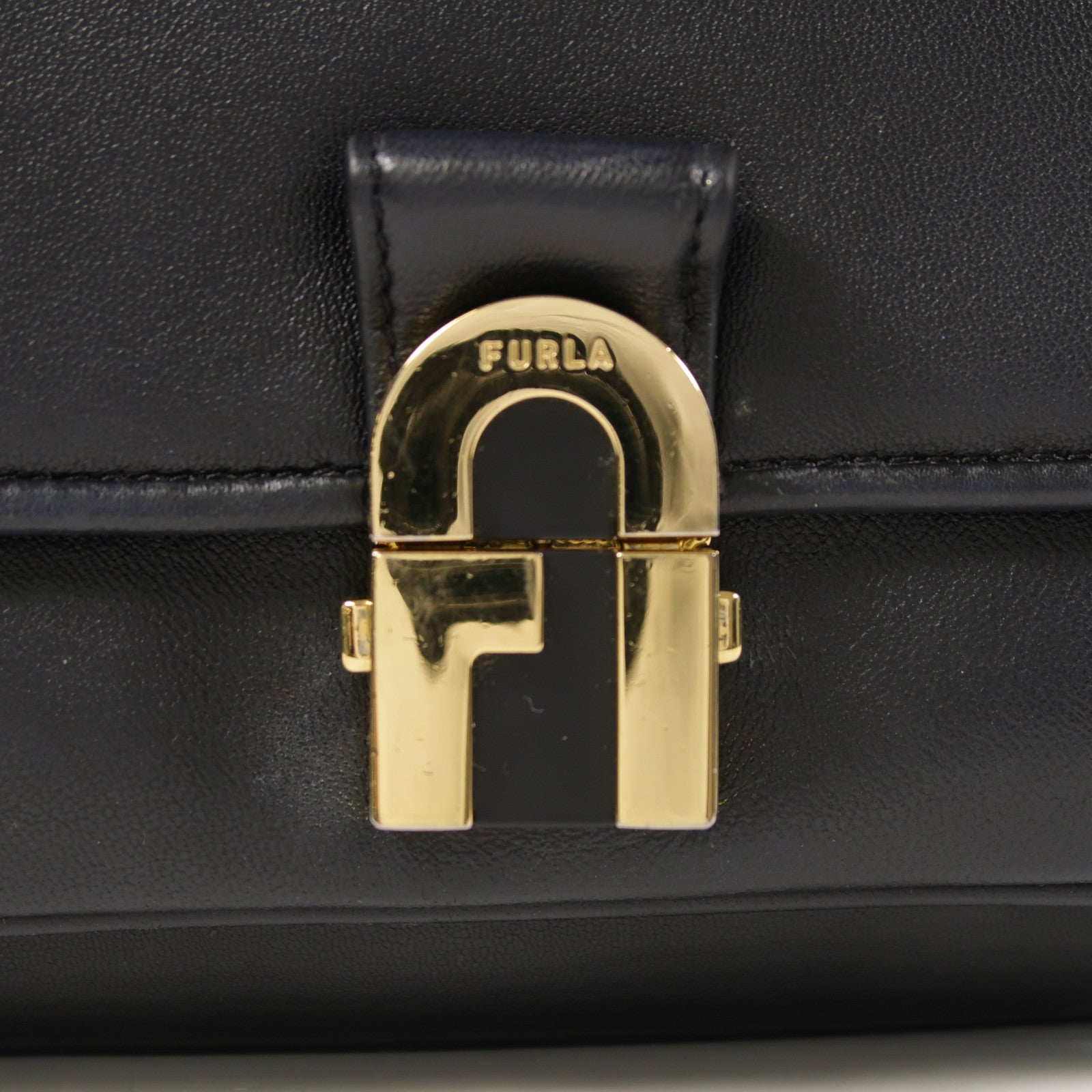 Furla GHW Chain Shoulder Bag Calfskin Leather Black
