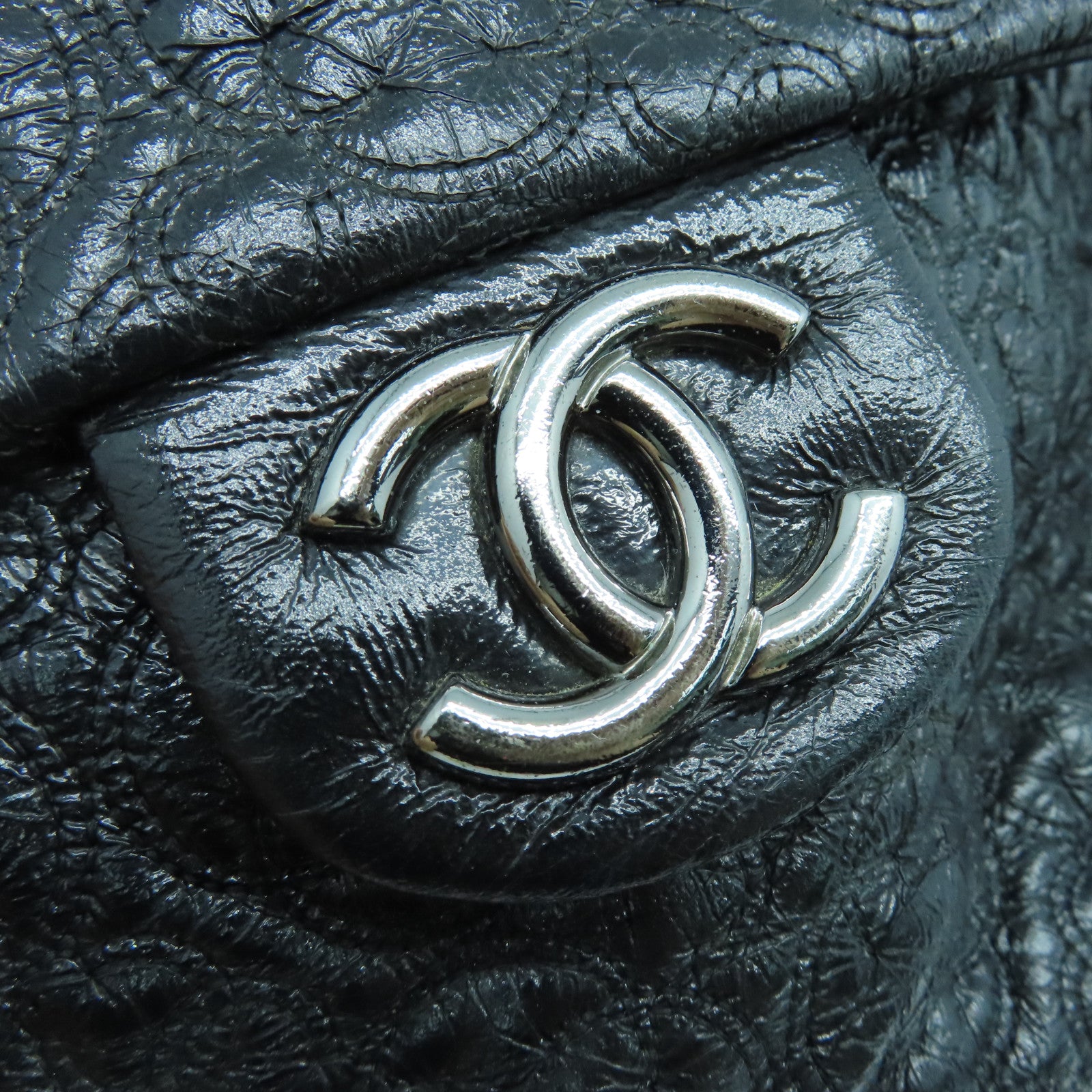 CHANEL Leather Chain Shoulder Silver Buckle Shoulder Bag Black