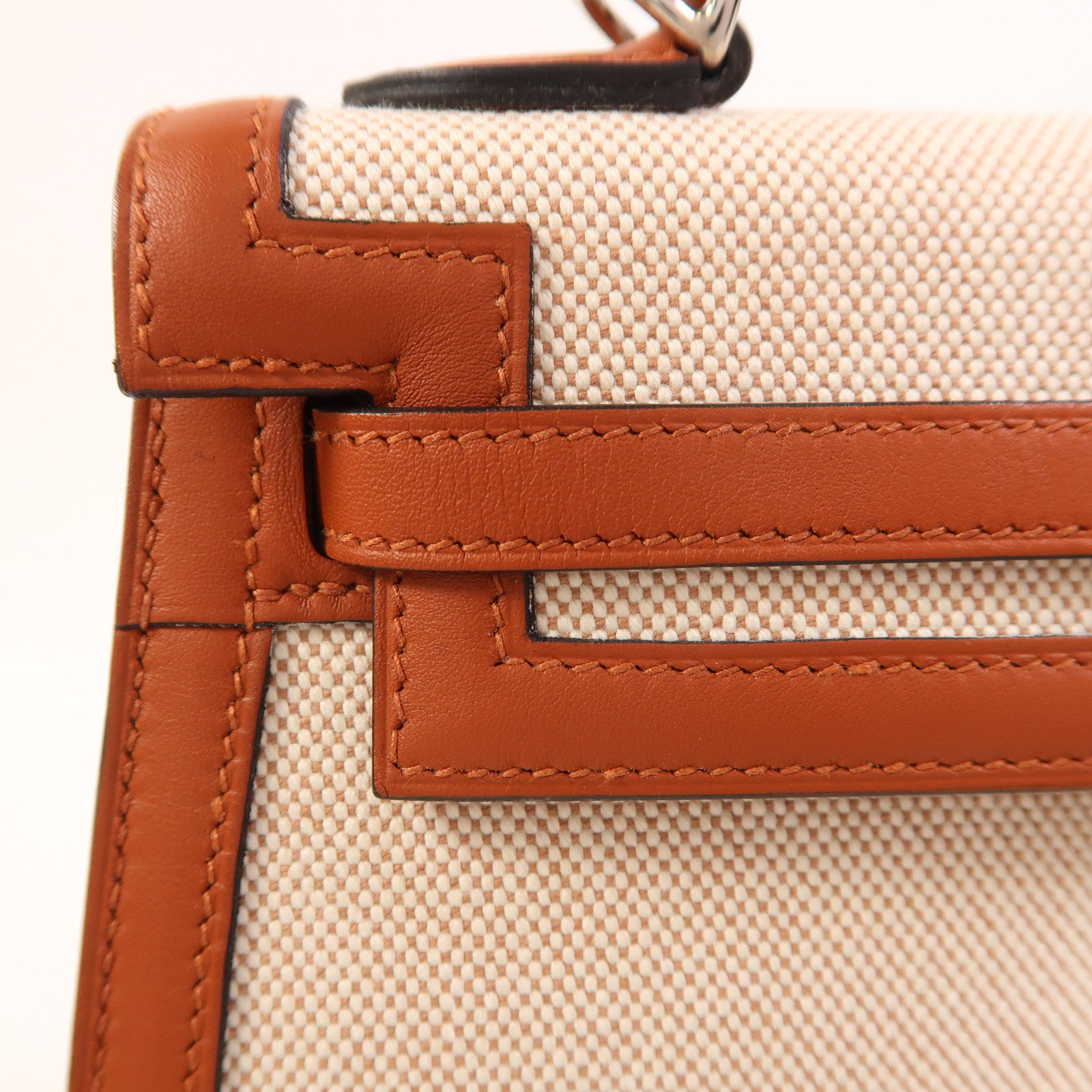 HERMES Toile H帆布/Swift皮革Kelly 25銀扣手挽肩背兩用袋Cuivre