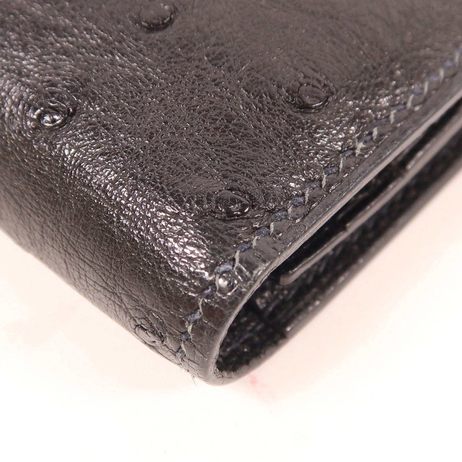 HERMES 鴕鳥皮革Portefeuille Bearn Souffle金扣長錢包Noir黑色