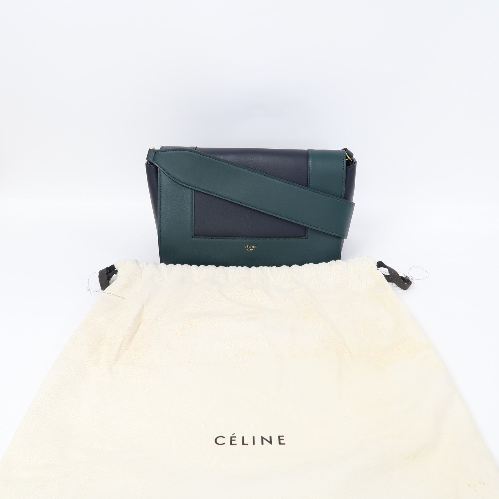 CELINE 牛皮皮革Frame金扣肩背袋深藍色/綠色