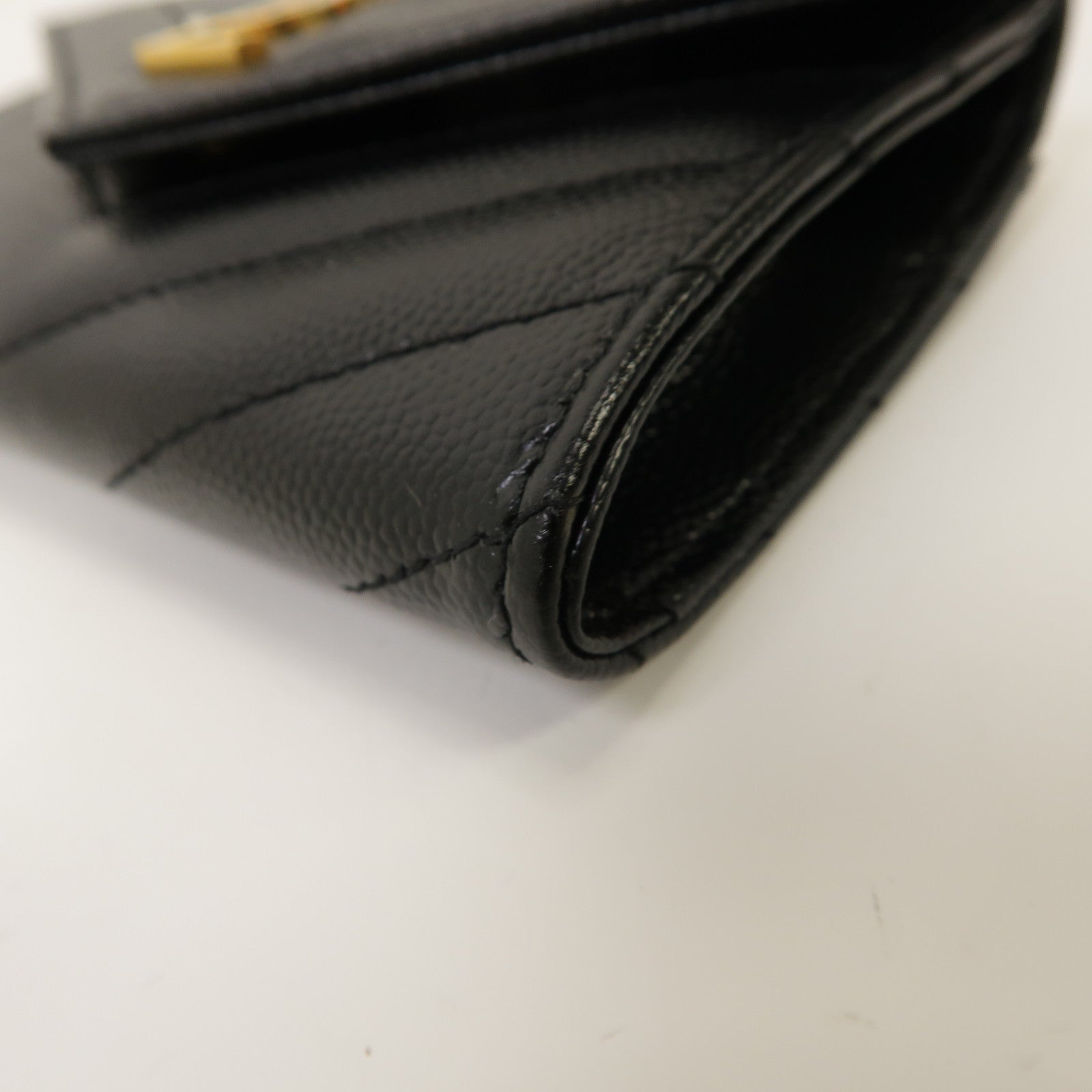 YVES SAINT LAURENT 斜紋牛皮皮革Card Case金扣卡片套黑色