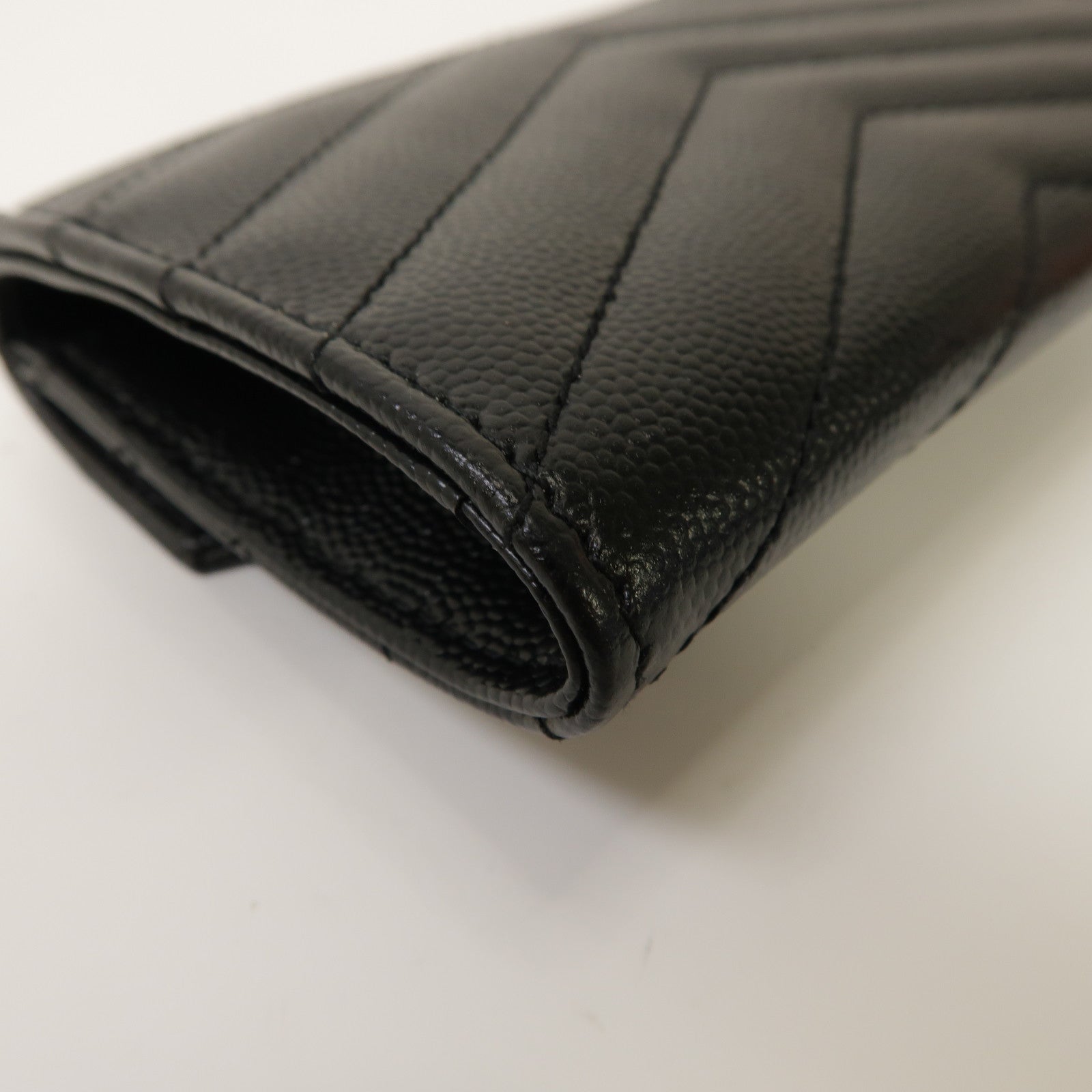 YVES SAINT LAURENT 斜紋牛皮皮革Card Case金扣卡片套黑色