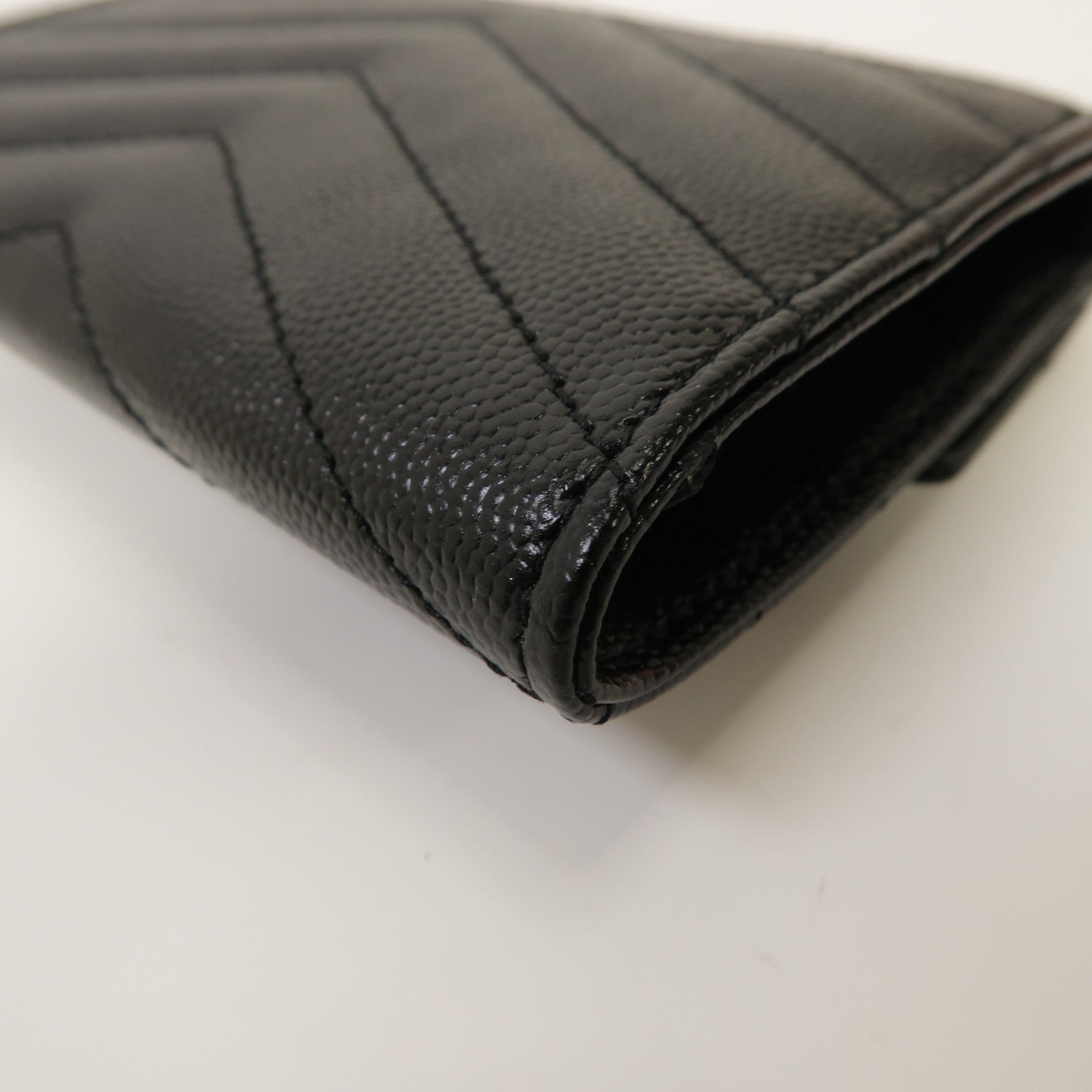 YVES SAINT LAURENT 斜紋牛皮皮革Card Case金扣卡片套黑色