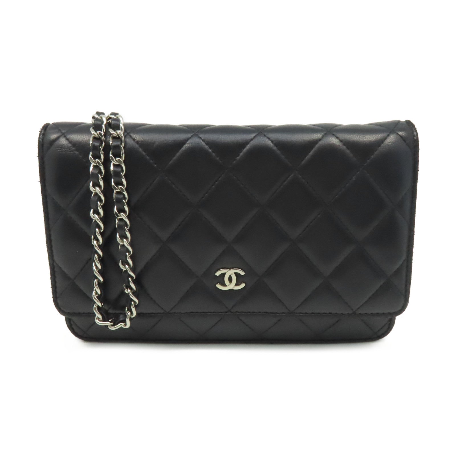CHANEL 【激減優惠】菱格羊皮皮革WOC Wallet On Chain Shoulder Bag銀扣鏈帶肩背袋黑色