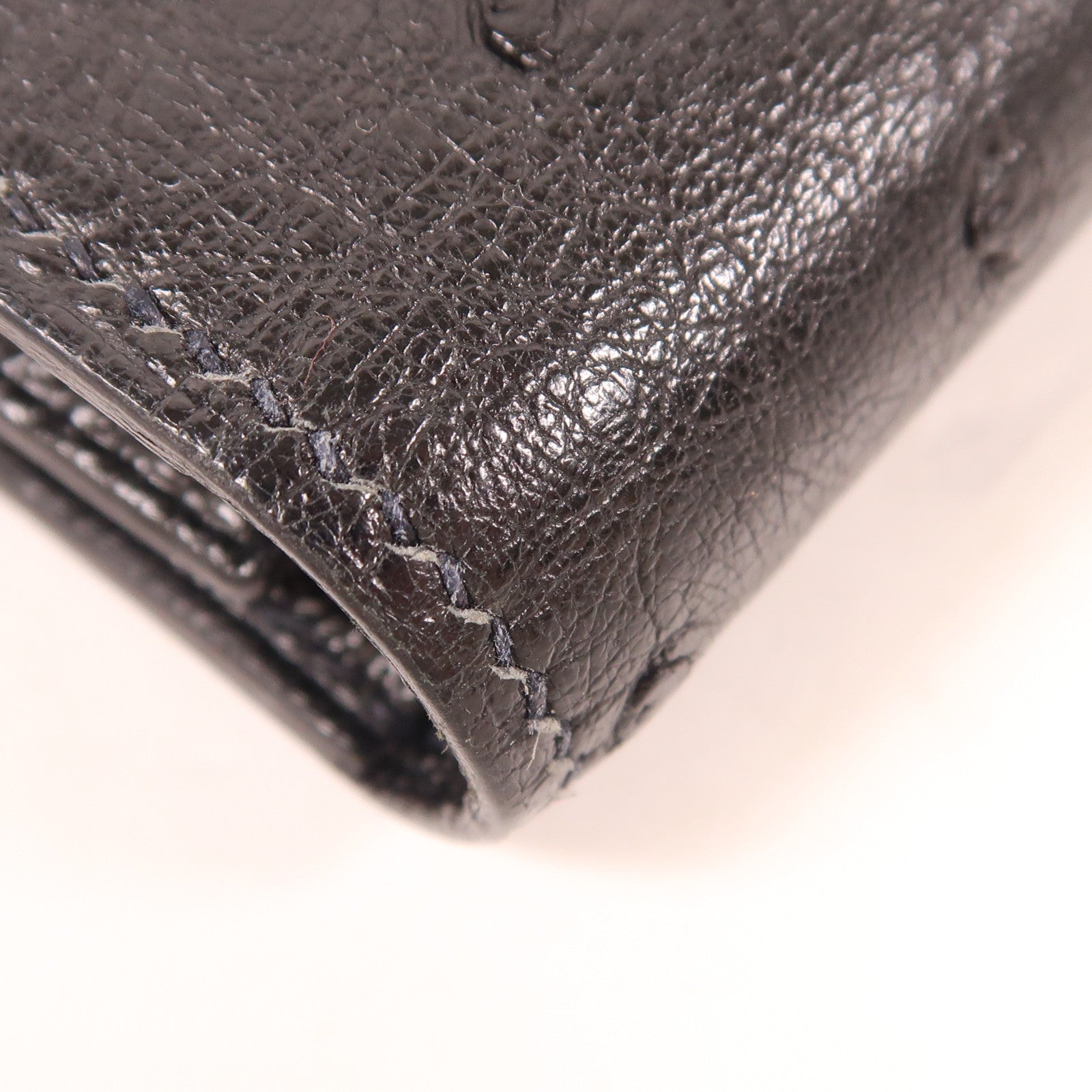 HERMES 鴕鳥皮革Portefeuille Bearn Souffle金扣長錢包Noir黑色