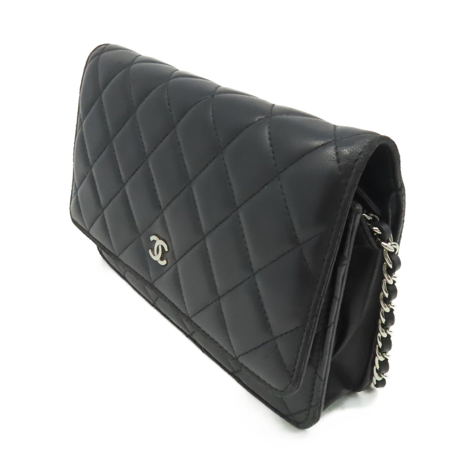 CHANEL 【激減優惠】菱格羊皮皮革WOC Wallet On Chain Shoulder Bag銀扣鏈帶肩背袋黑色