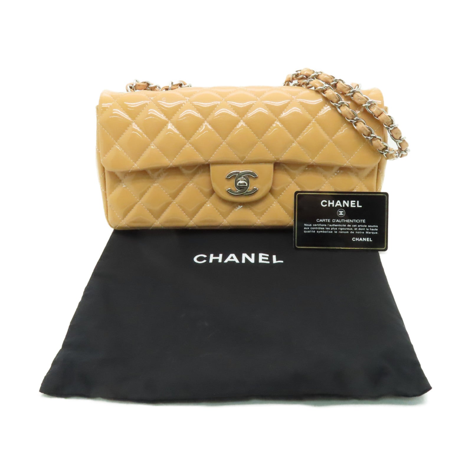 CHANEL 【清倉大減價】菱格漆皮皮革Chain Shoulder銀扣鏈帶肩背袋米色