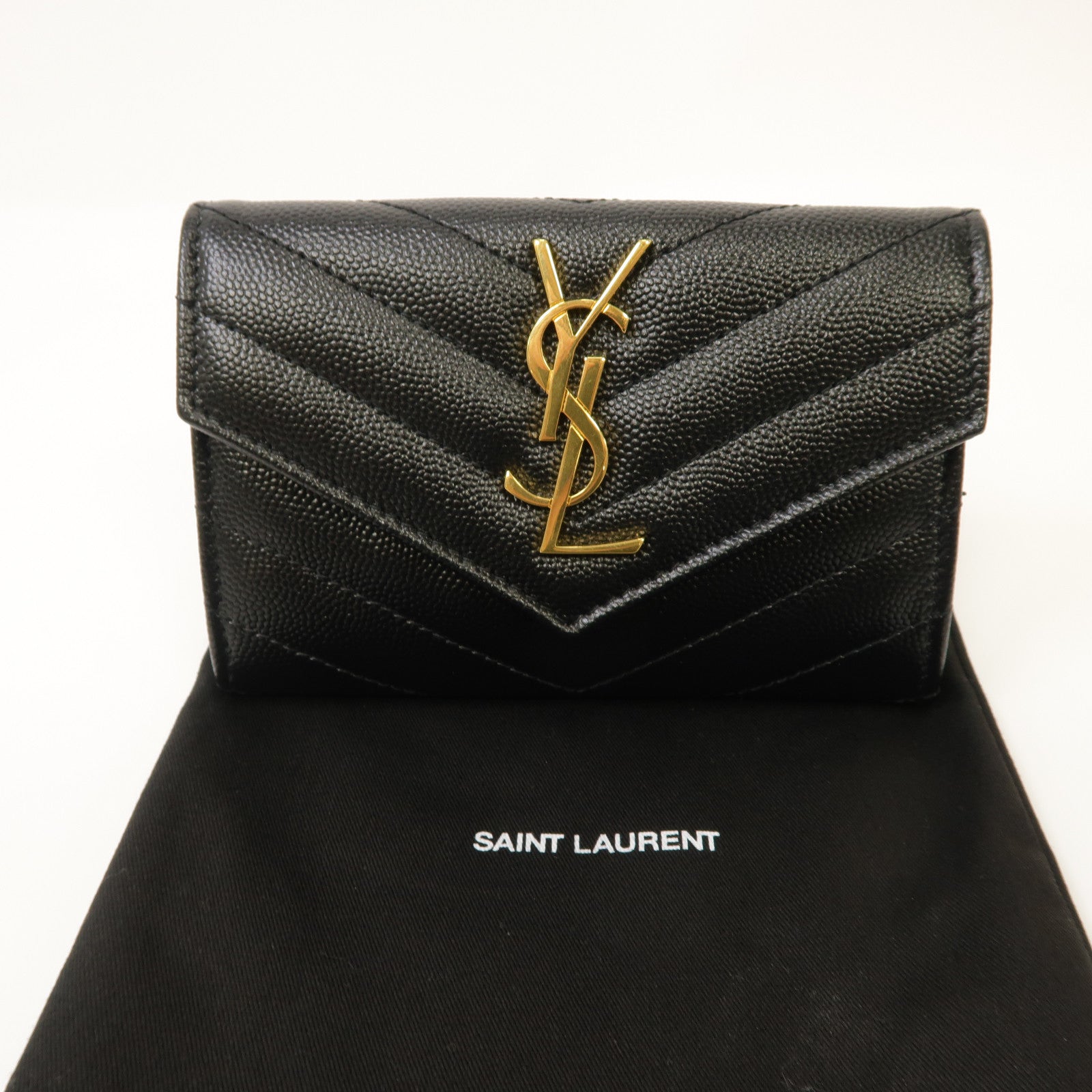 YVES SAINT LAURENT 斜紋牛皮皮革Card Case金扣卡片套黑色