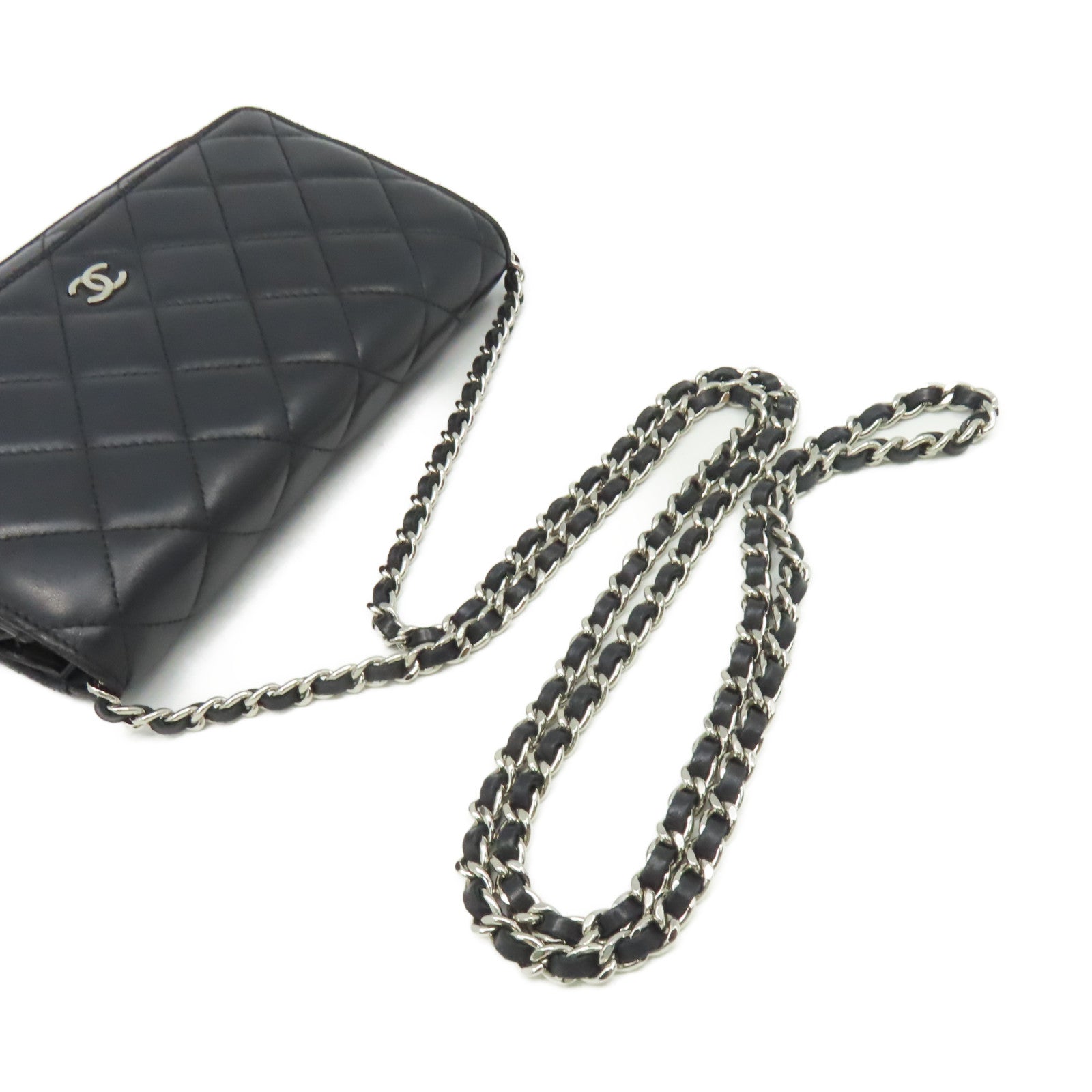 CHANEL 【激減優惠】菱格羊皮皮革WOC Wallet On Chain Shoulder Bag銀扣鏈帶肩背袋黑色