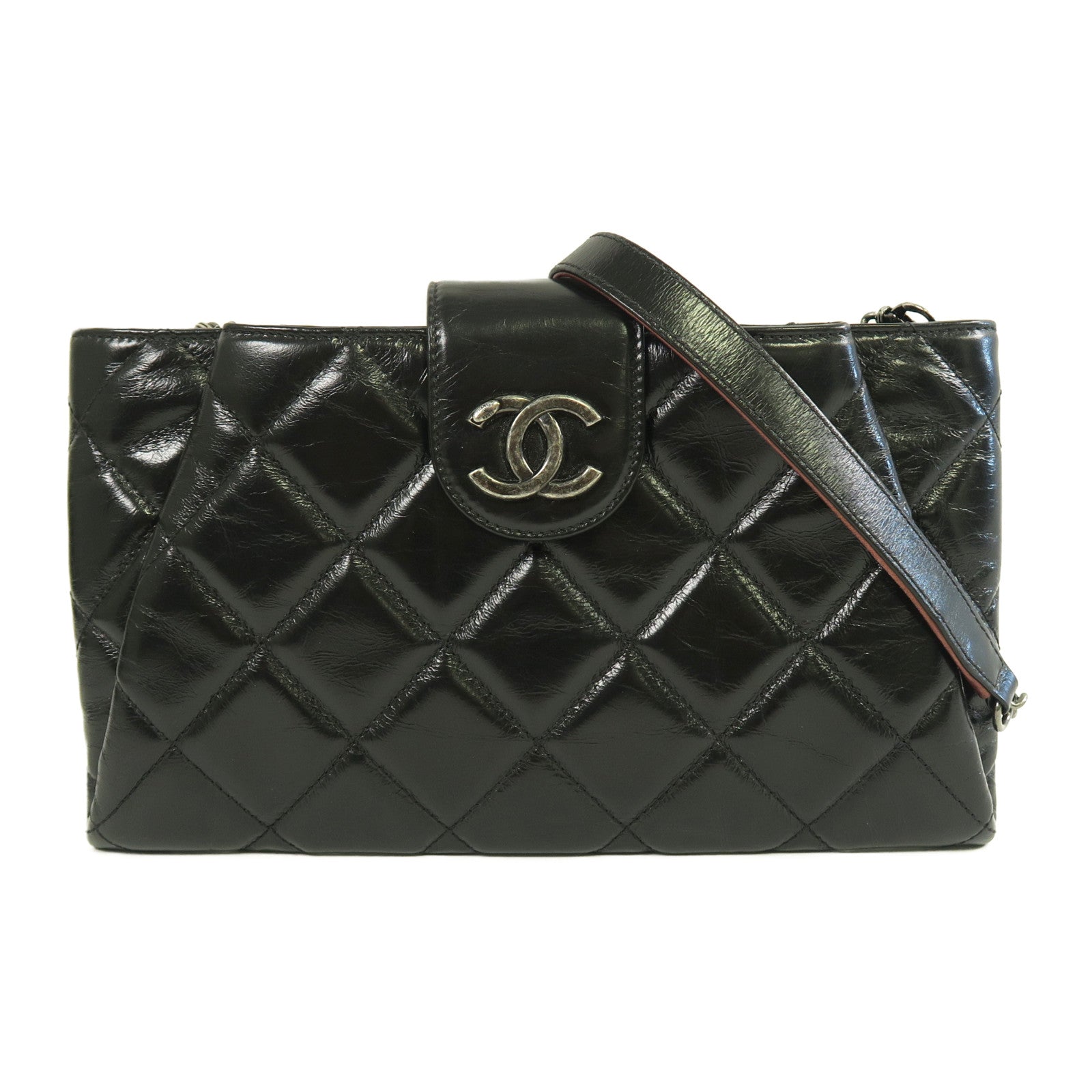CHANEL 【激減優惠】菱格牛皮皮革Shoulder Bag銀扣鏈帶肩背袋黑色