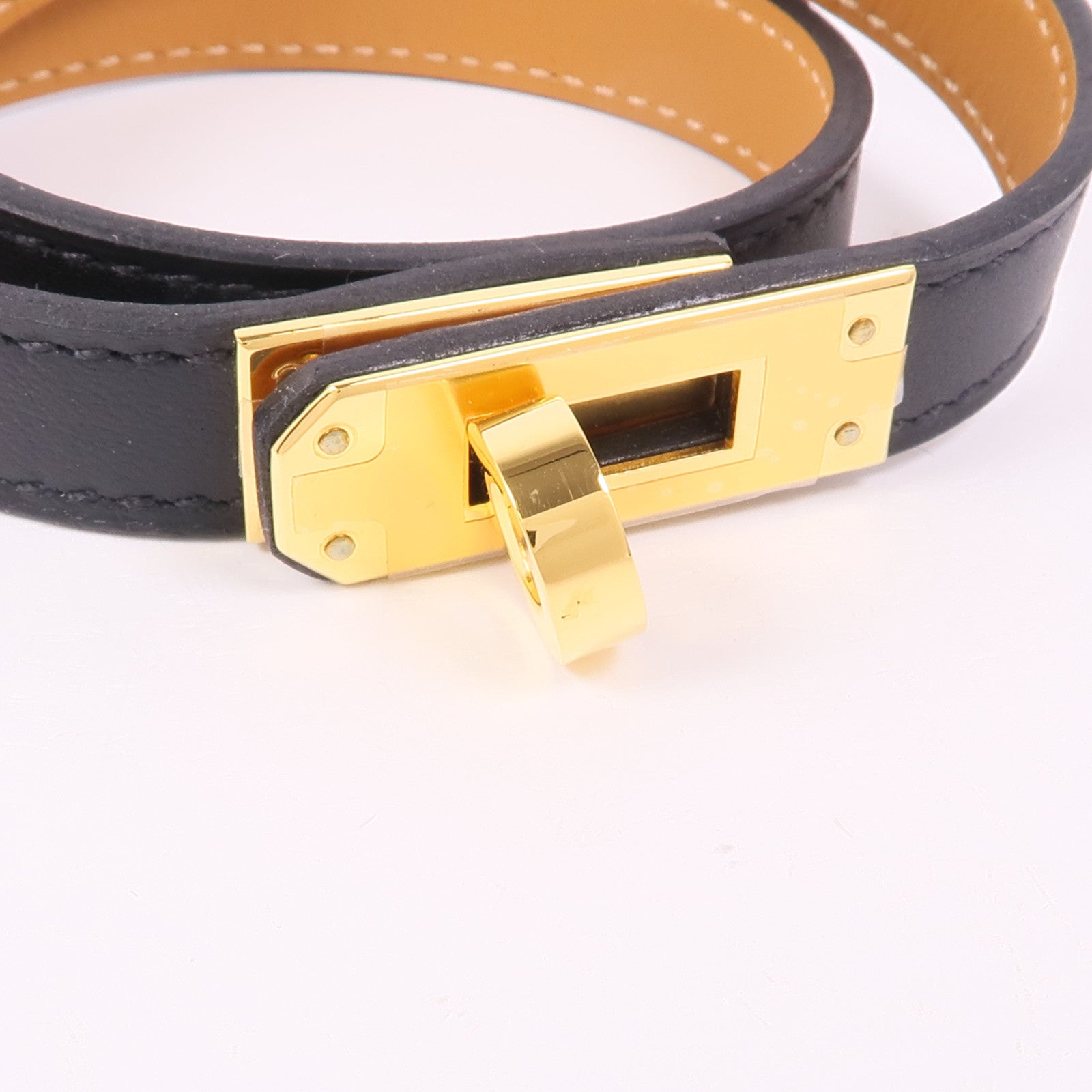 HERMES Swift皮革Kelly Double Tour Bracelet金扣手鐲Noir