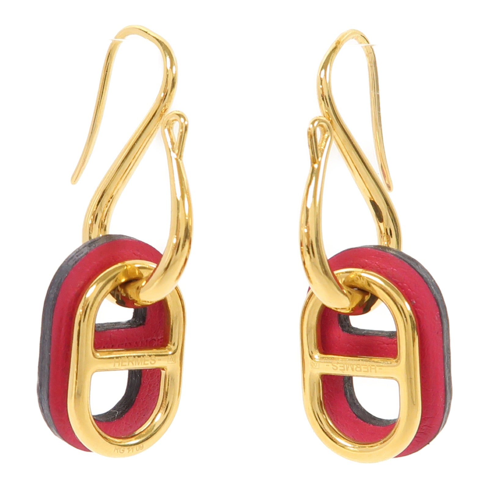 HERMES 金屬/Swift皮革O'Maillon Earrings耳環粉紅色/金色