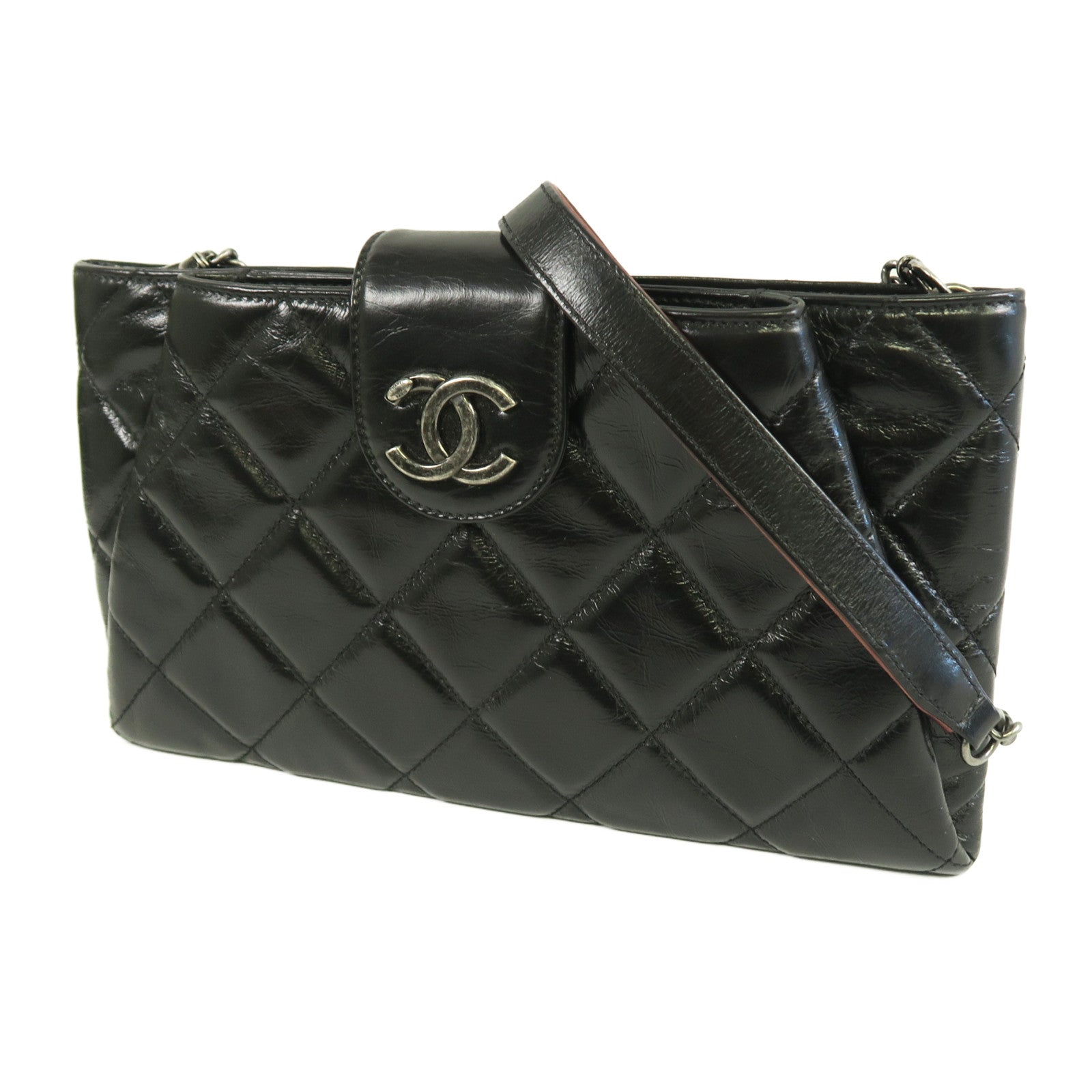 CHANEL 【激減優惠】菱格牛皮皮革Shoulder Bag銀扣鏈帶肩背袋黑色