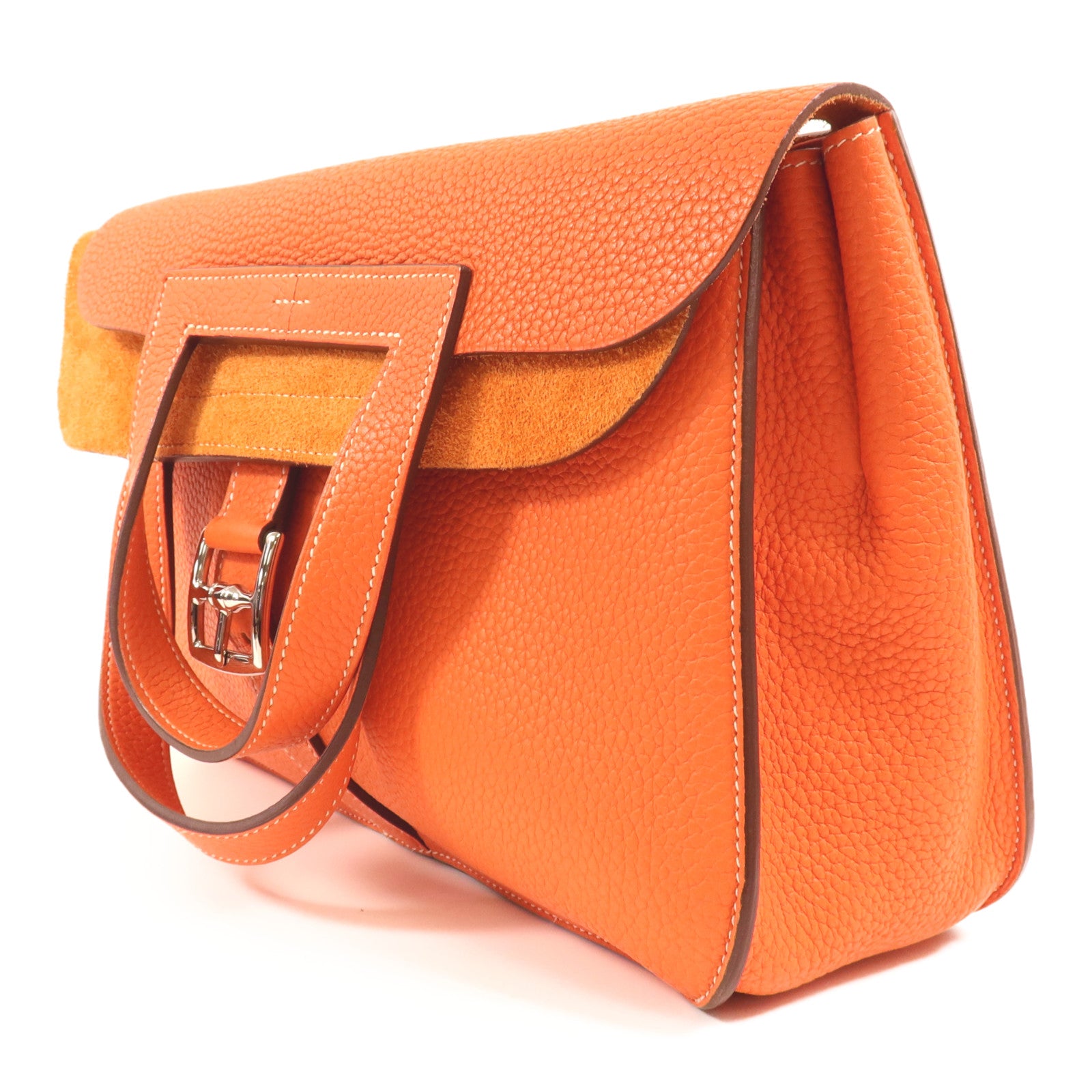HERMES Clemence皮革Halzan 31銀扣手挽肩背兩用袋Orange
