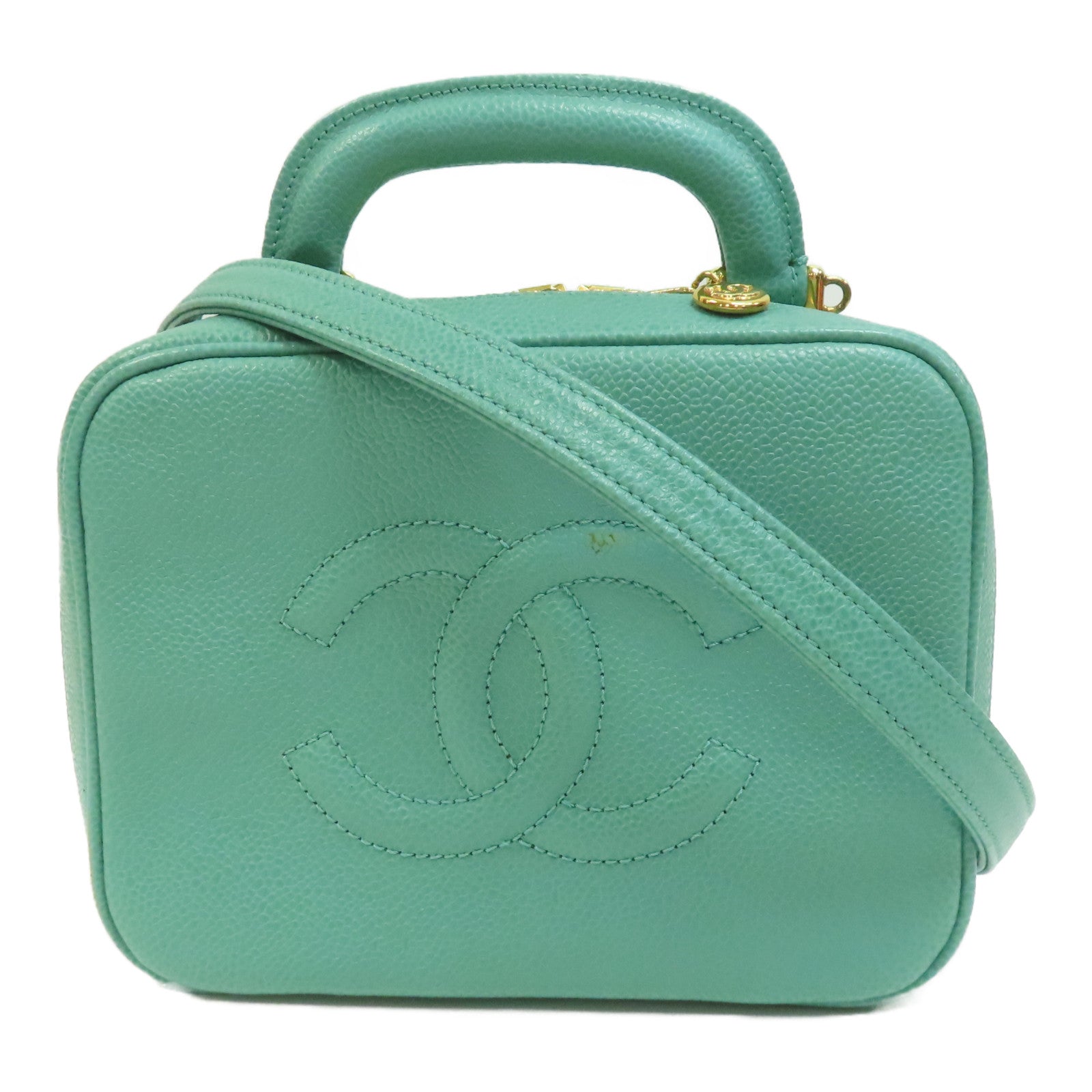 CHANEL Caviar皮革Vintage Vanity Case金扣手挽肩背兩用袋綠色 Brand Off Hong Kong