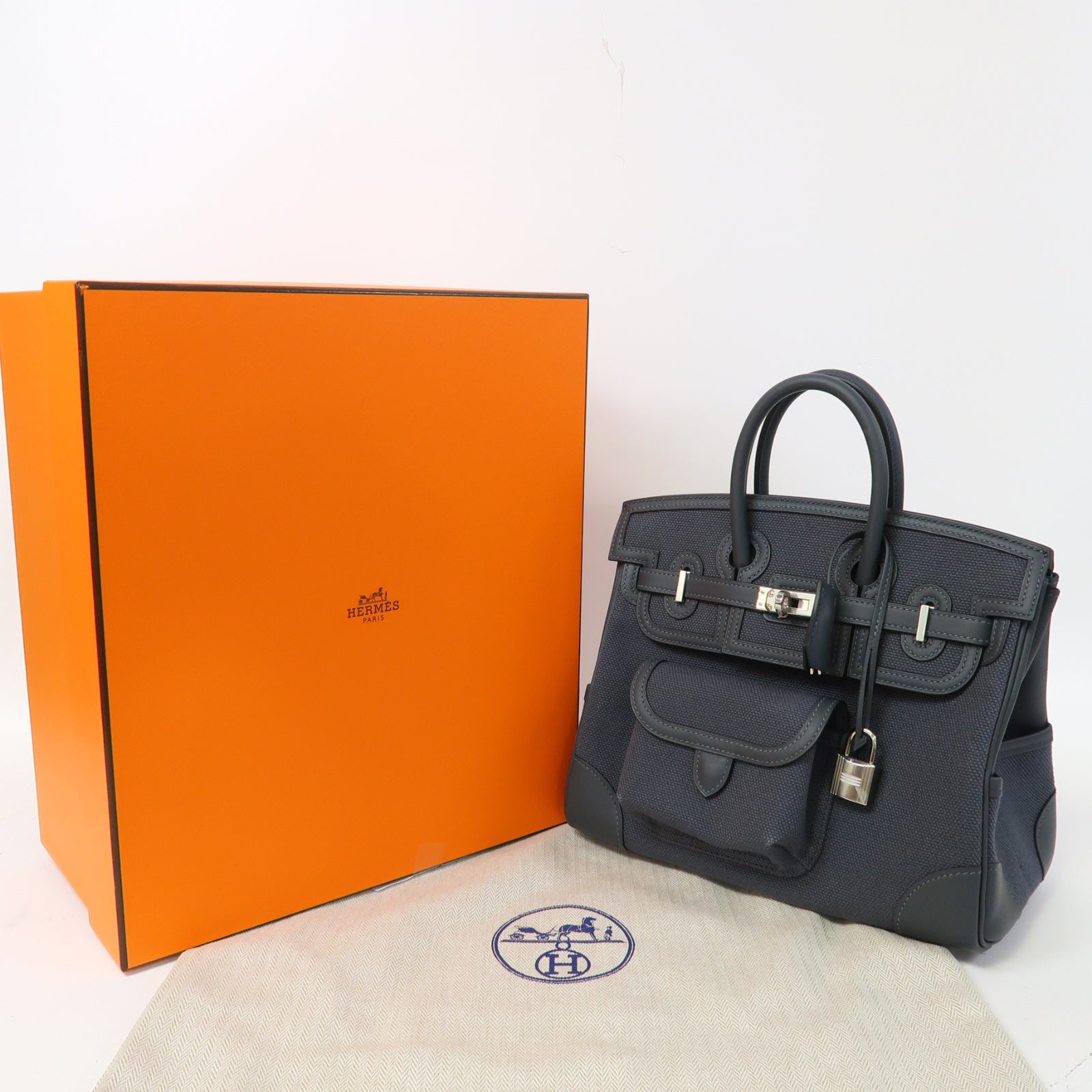 HERMES 帆布Birkin 25銀扣手挽袋霧霾灰色
