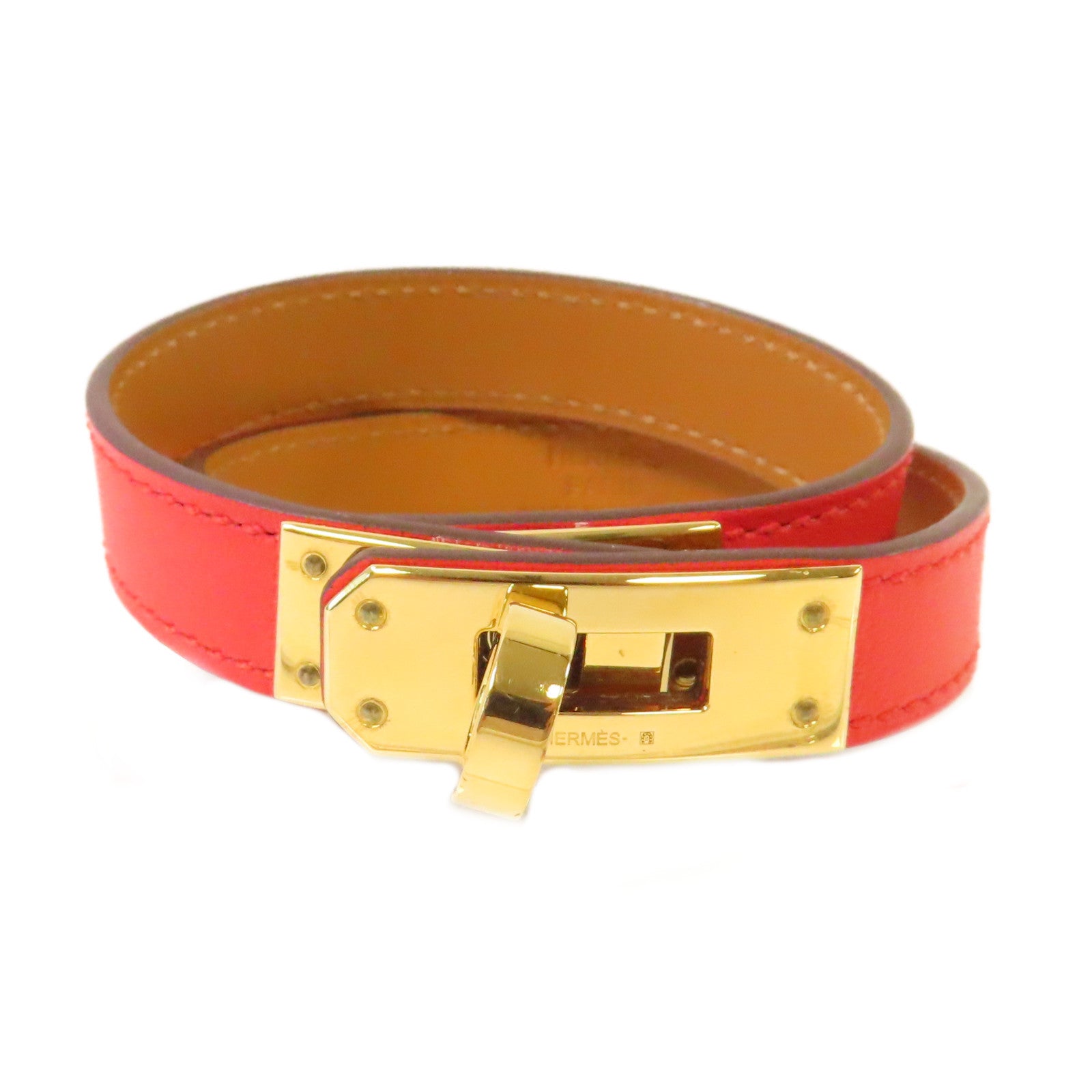HERMES 【激減優惠】Swift皮革Kelly Double Bracelet金扣手鏈Rouge de Coeur 心紅色