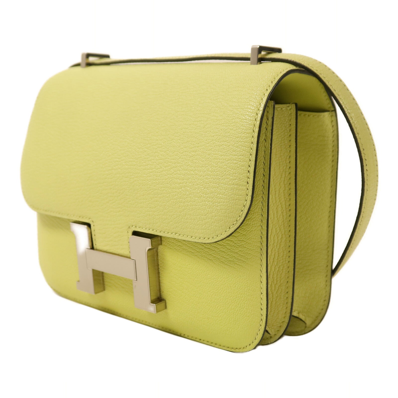HERMES Chevre皮革Constance Mini銀扣肩背袋Jaune Bourgeon