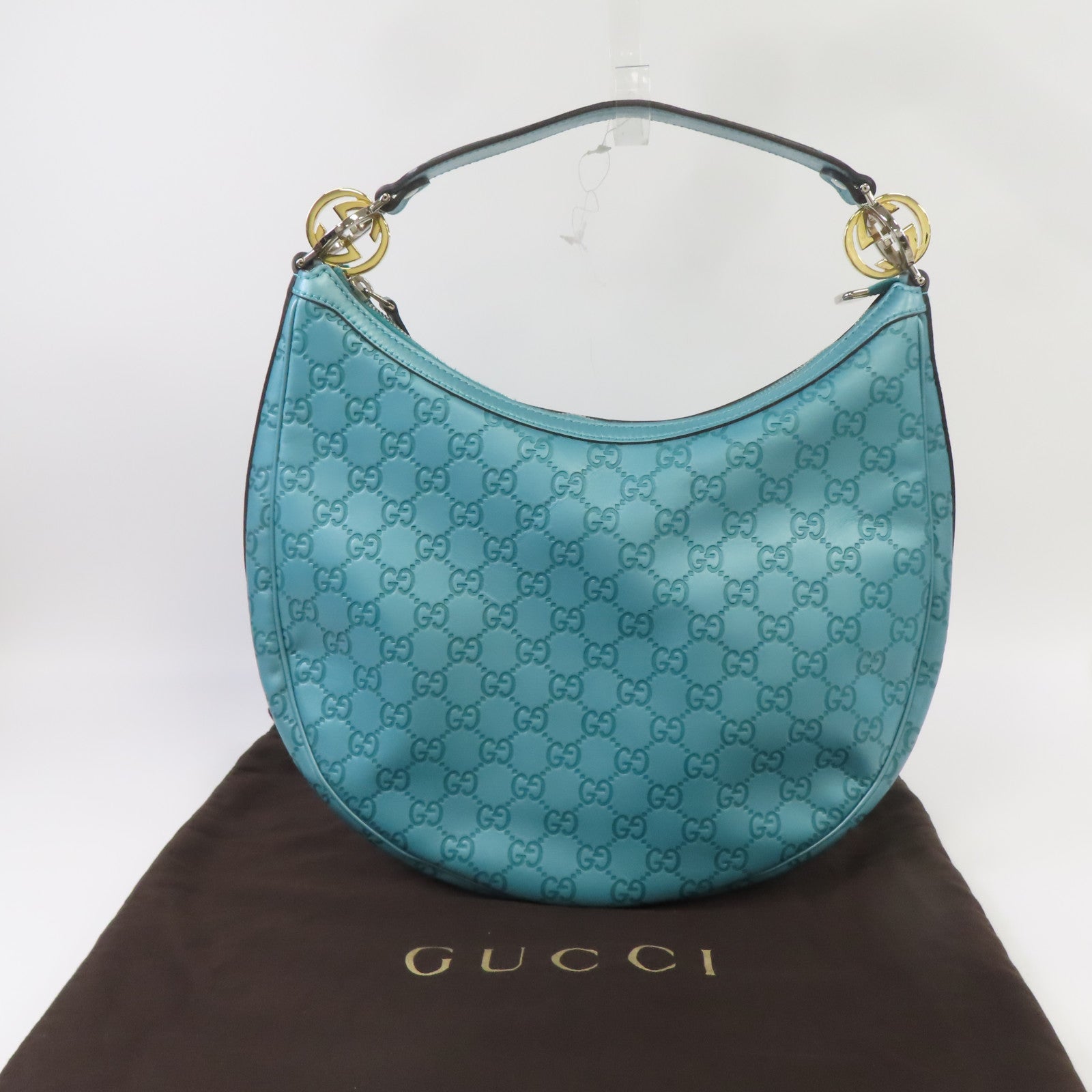 GUCCI 牛皮皮革GG Twins Bag金扣手挽肩背兩用袋藍綠色