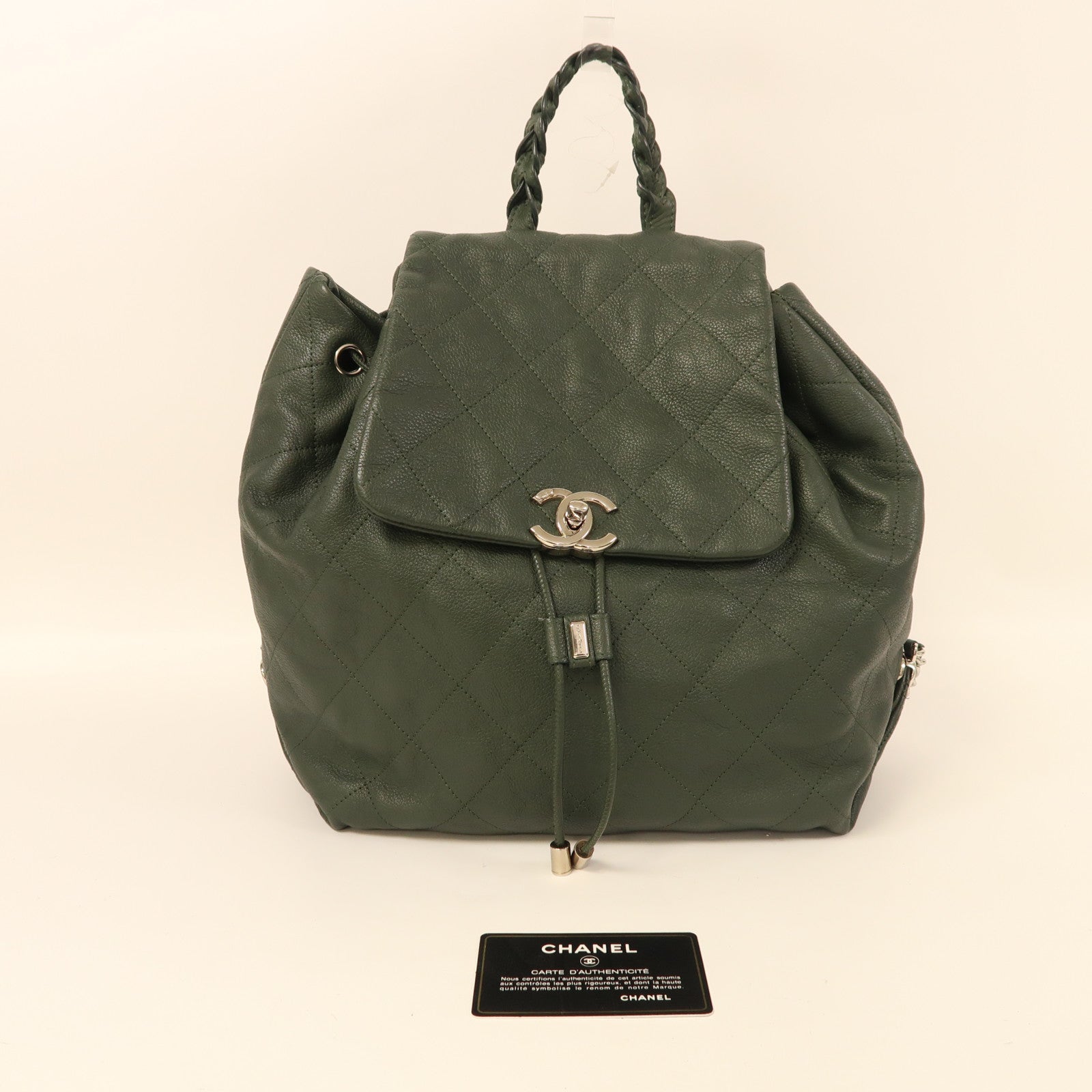 CHANEL 牛皮皮革Backpack銀扣背包綠色