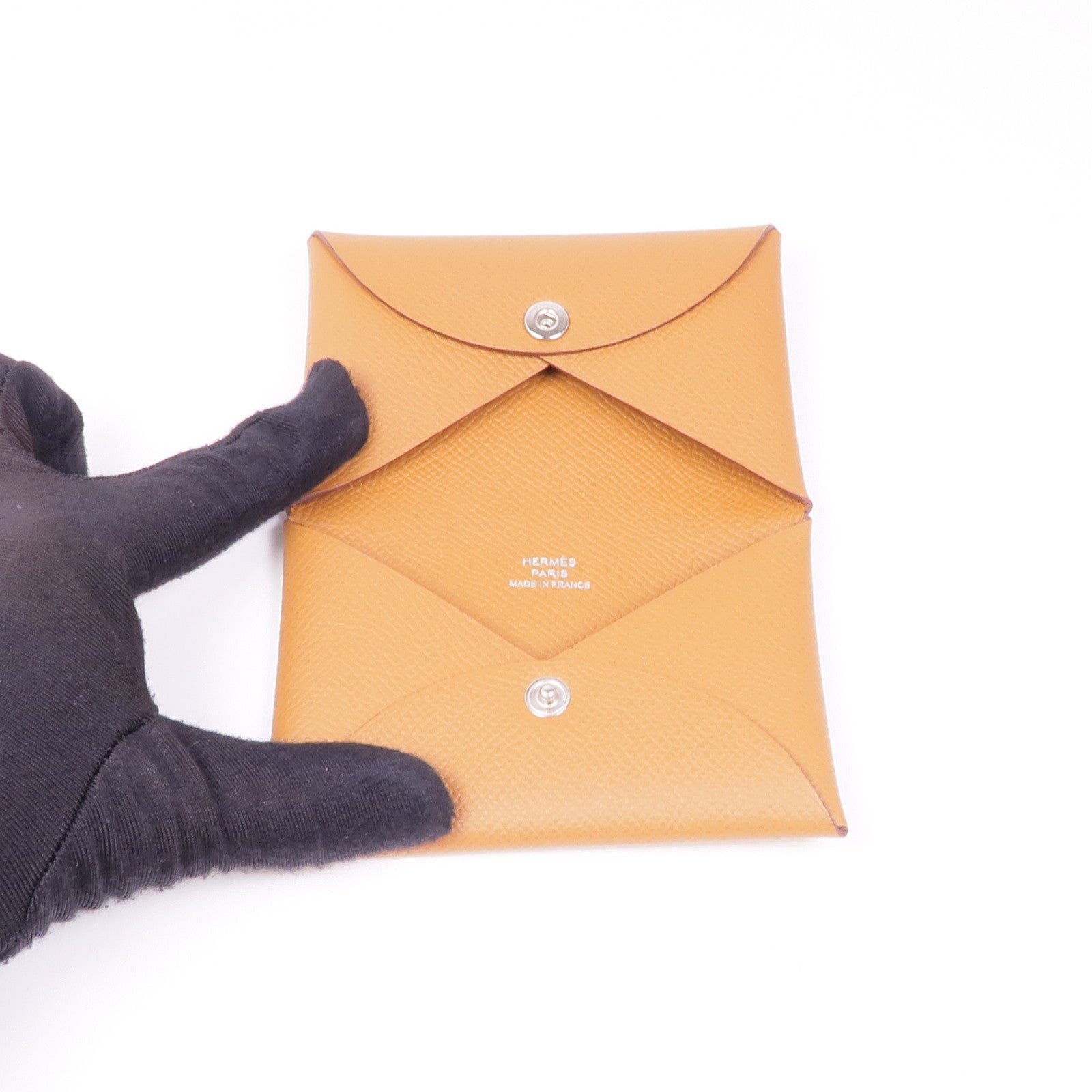 HERMES Epsom皮革Calvi Duo銀扣零錢包Gold