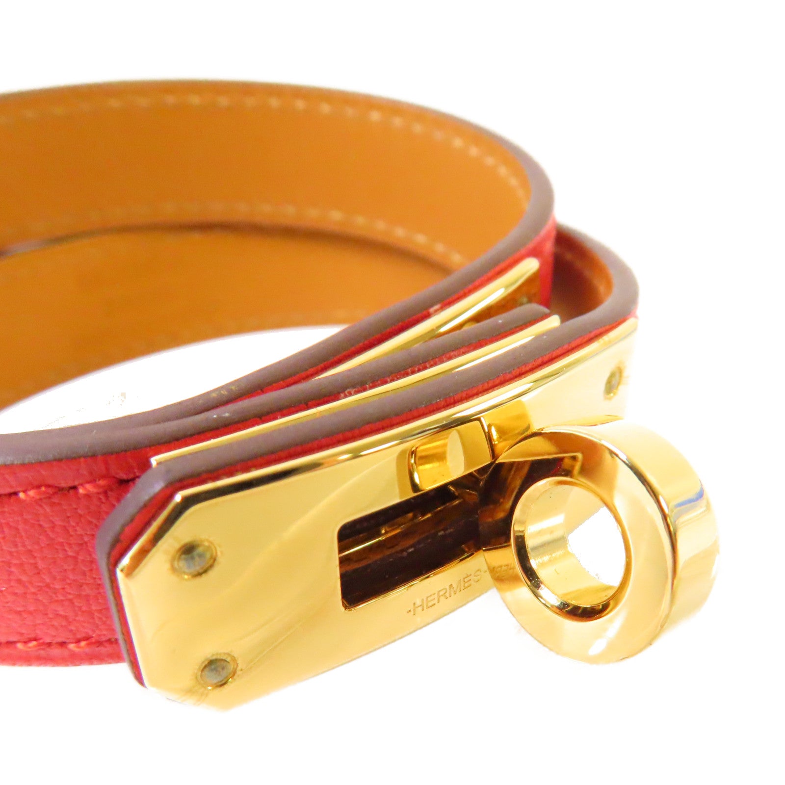HERMES 【激減優惠】Swift皮革Kelly Double Bracelet金扣手鏈Rouge de Coeur 心紅色