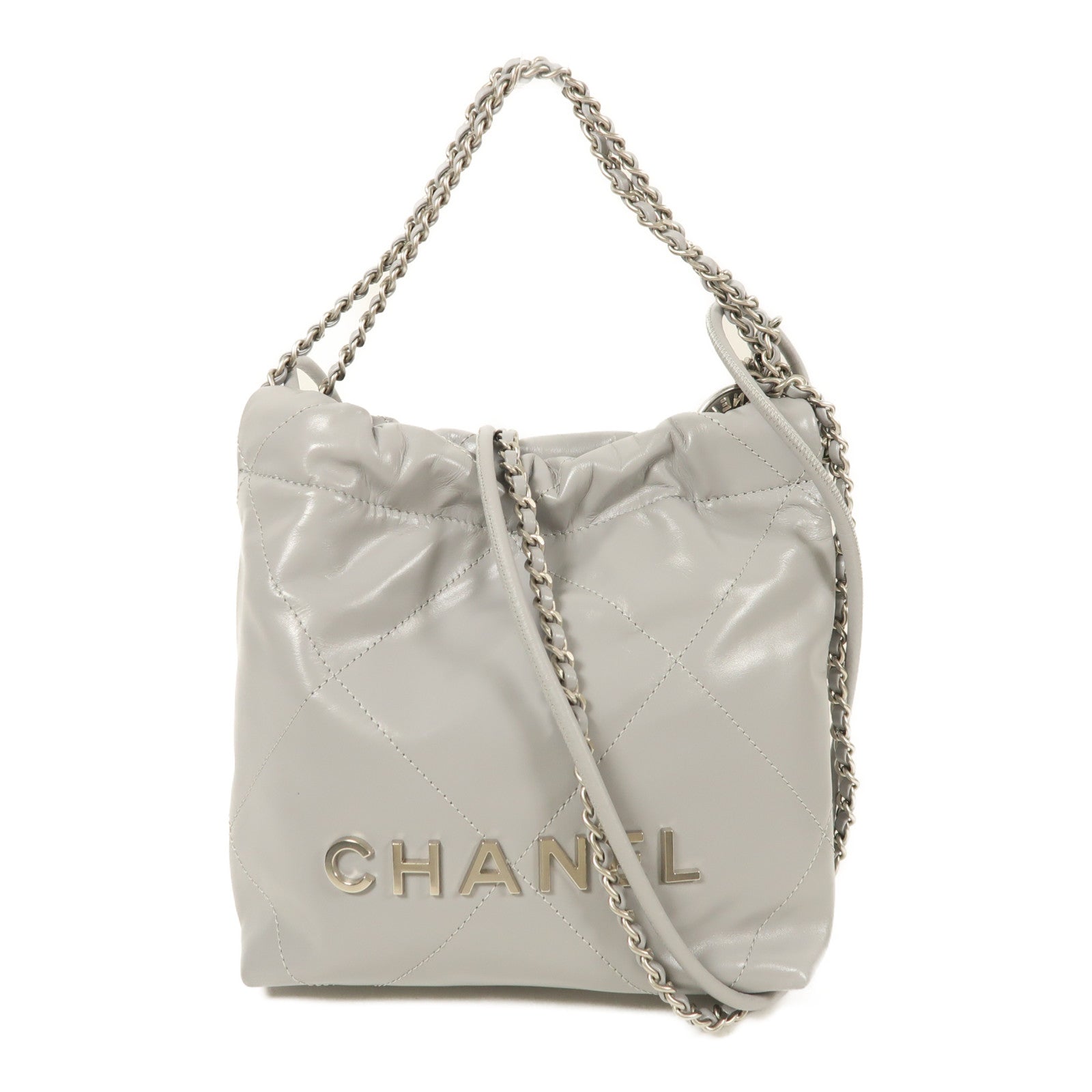 CHANEL 羊皮皮革Mini Chanel 22銀扣鏈帶手挽肩背兩用袋