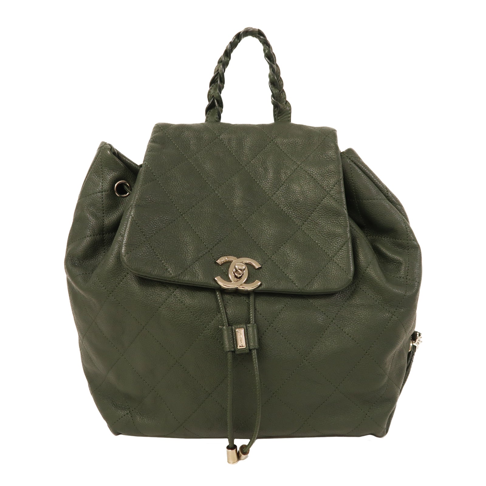 CHANEL 牛皮皮革Backpack銀扣背包綠色