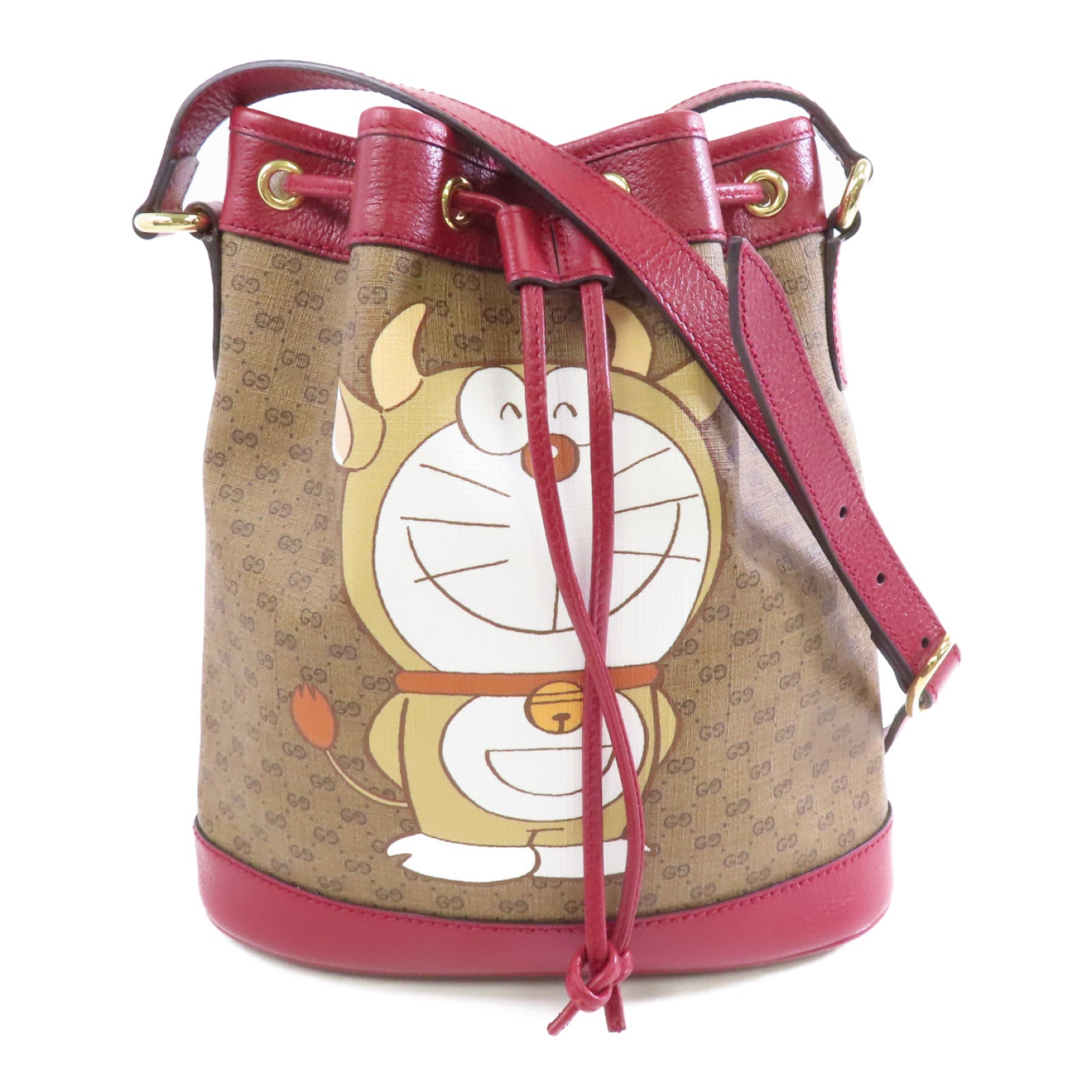GUCCI 塗層帆布Bucket Bag金扣肩背袋棕色/紅色