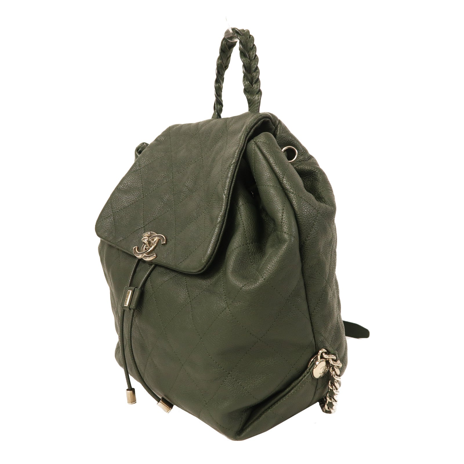 CHANEL 牛皮皮革Backpack銀扣背包綠色