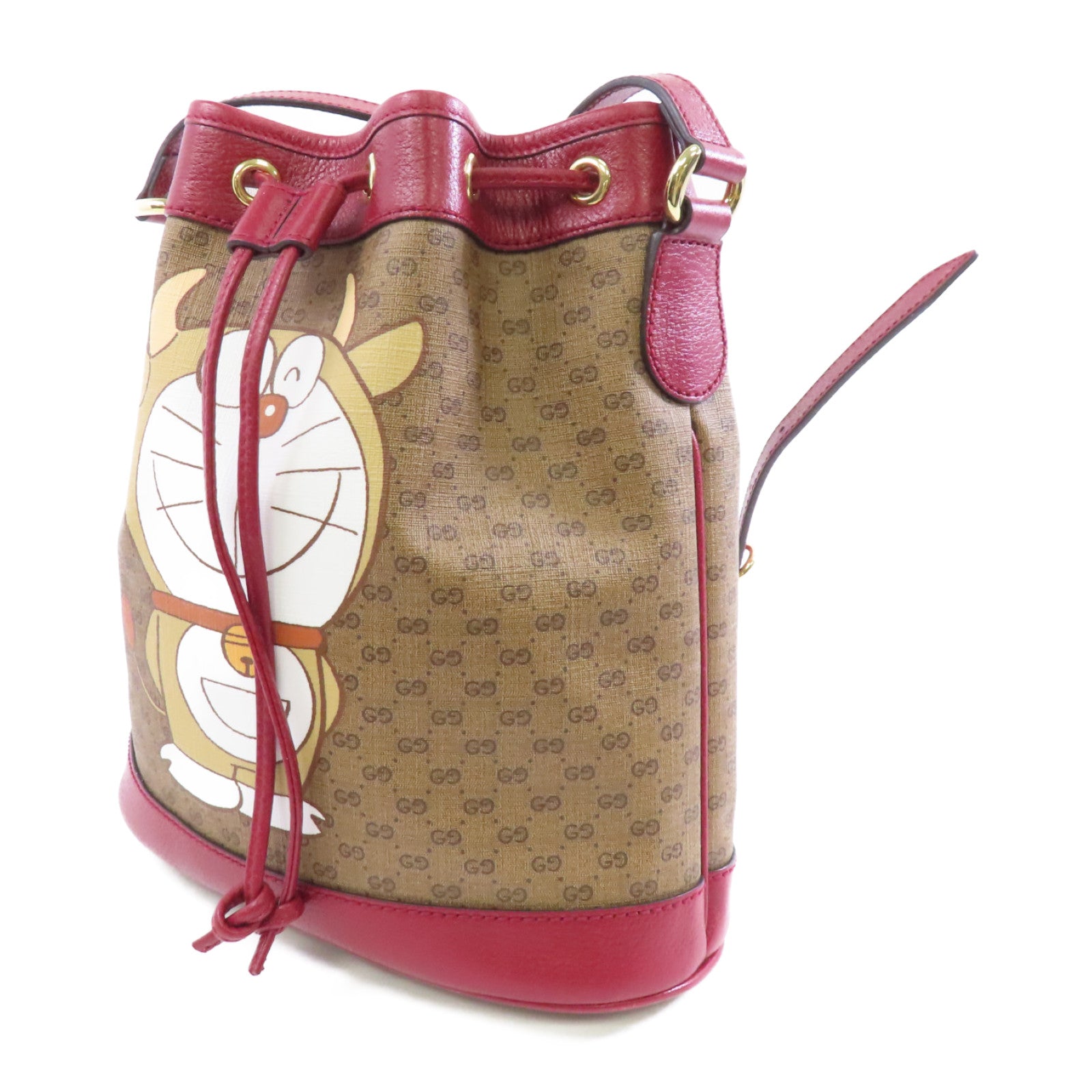 GUCCI 塗層帆布Bucket Bag金扣肩背袋棕色/紅色
