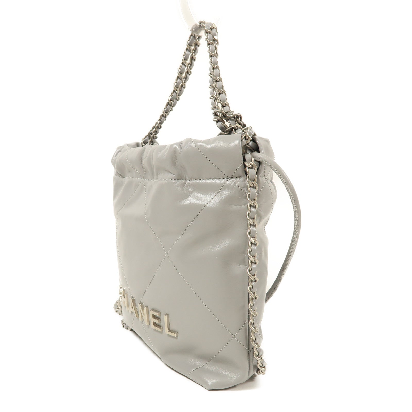 CHANEL 羊皮皮革Mini Chanel 22銀扣鏈帶手挽肩背兩用袋