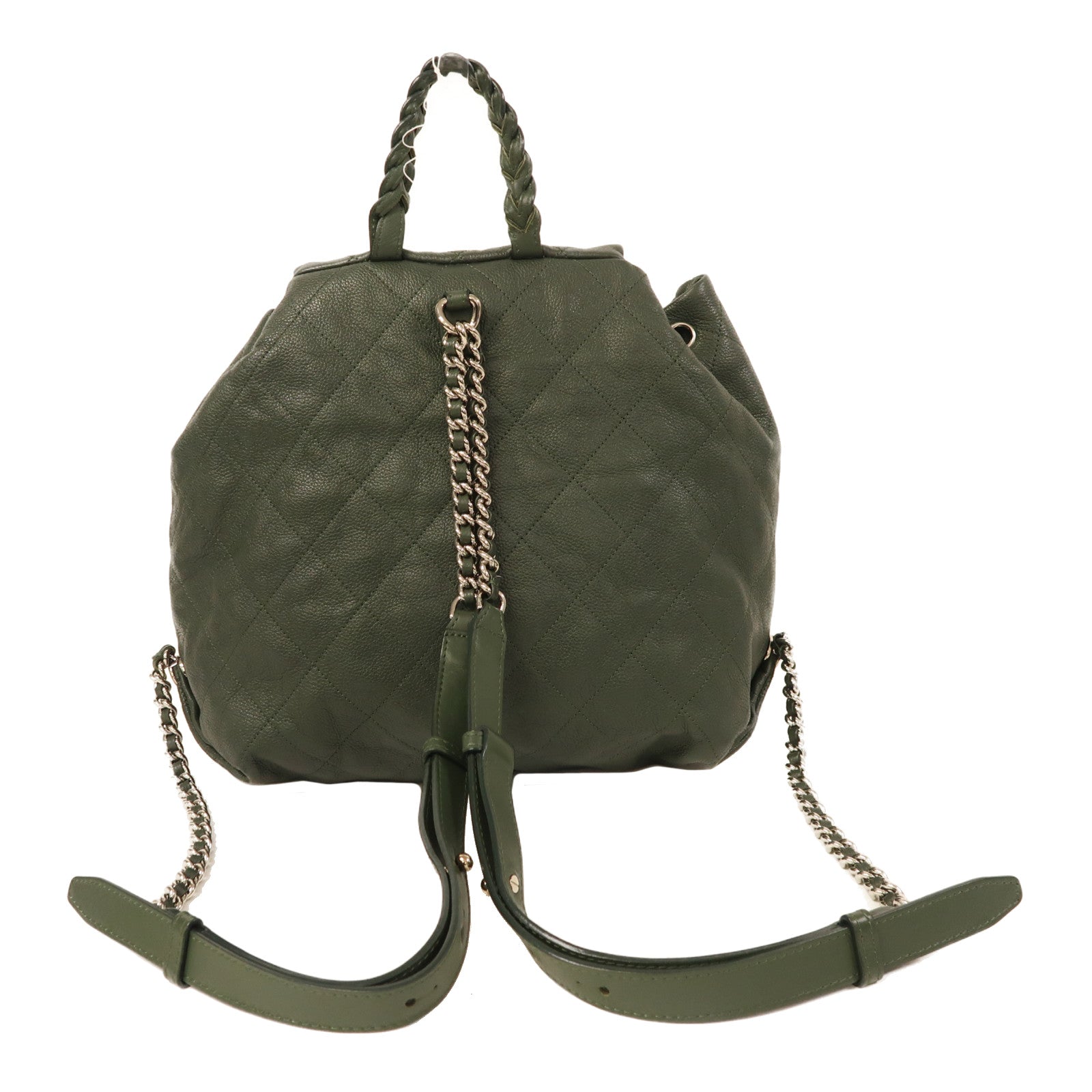 CHANEL 牛皮皮革Backpack銀扣背包綠色