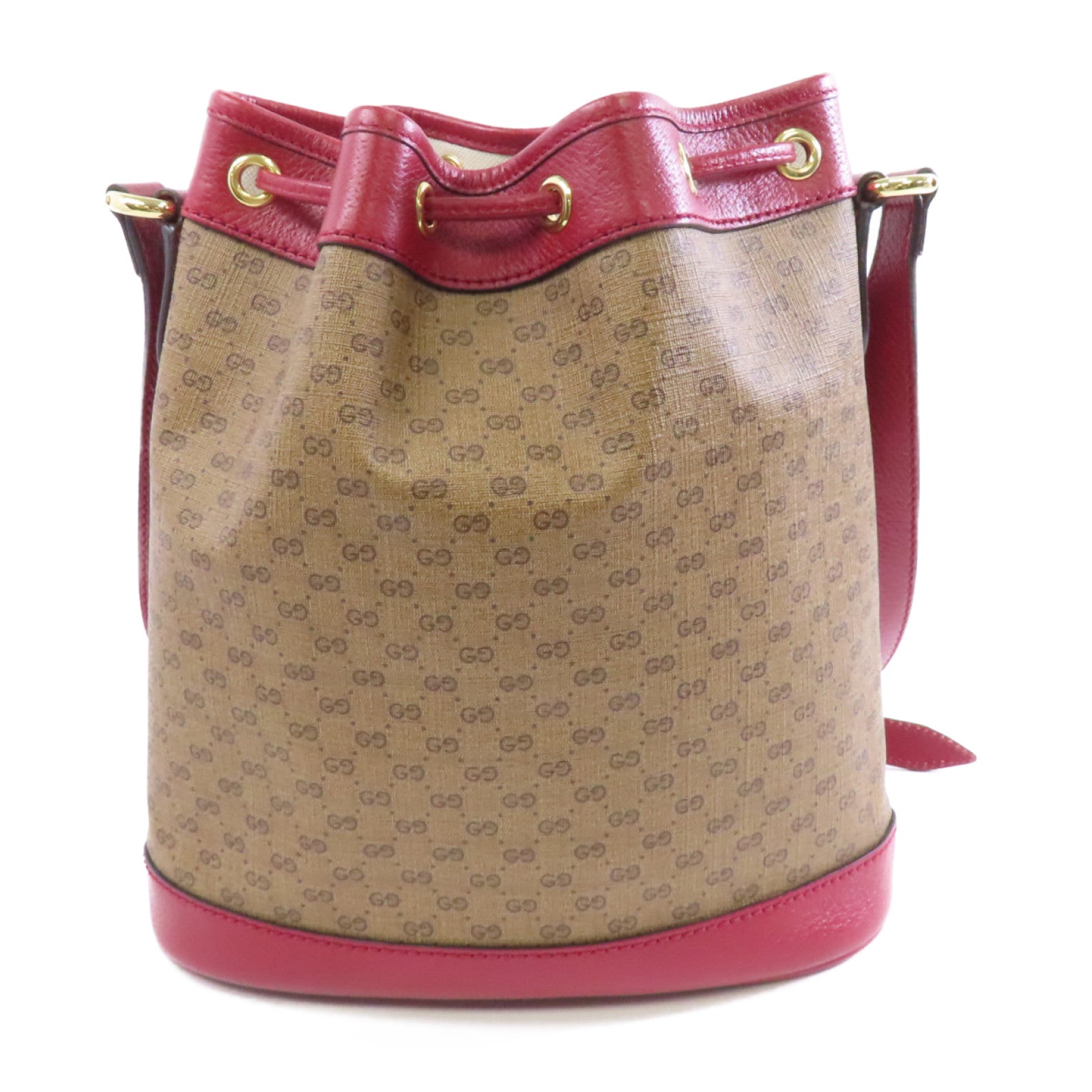 GUCCI 塗層帆布Bucket Bag金扣肩背袋棕色/紅色