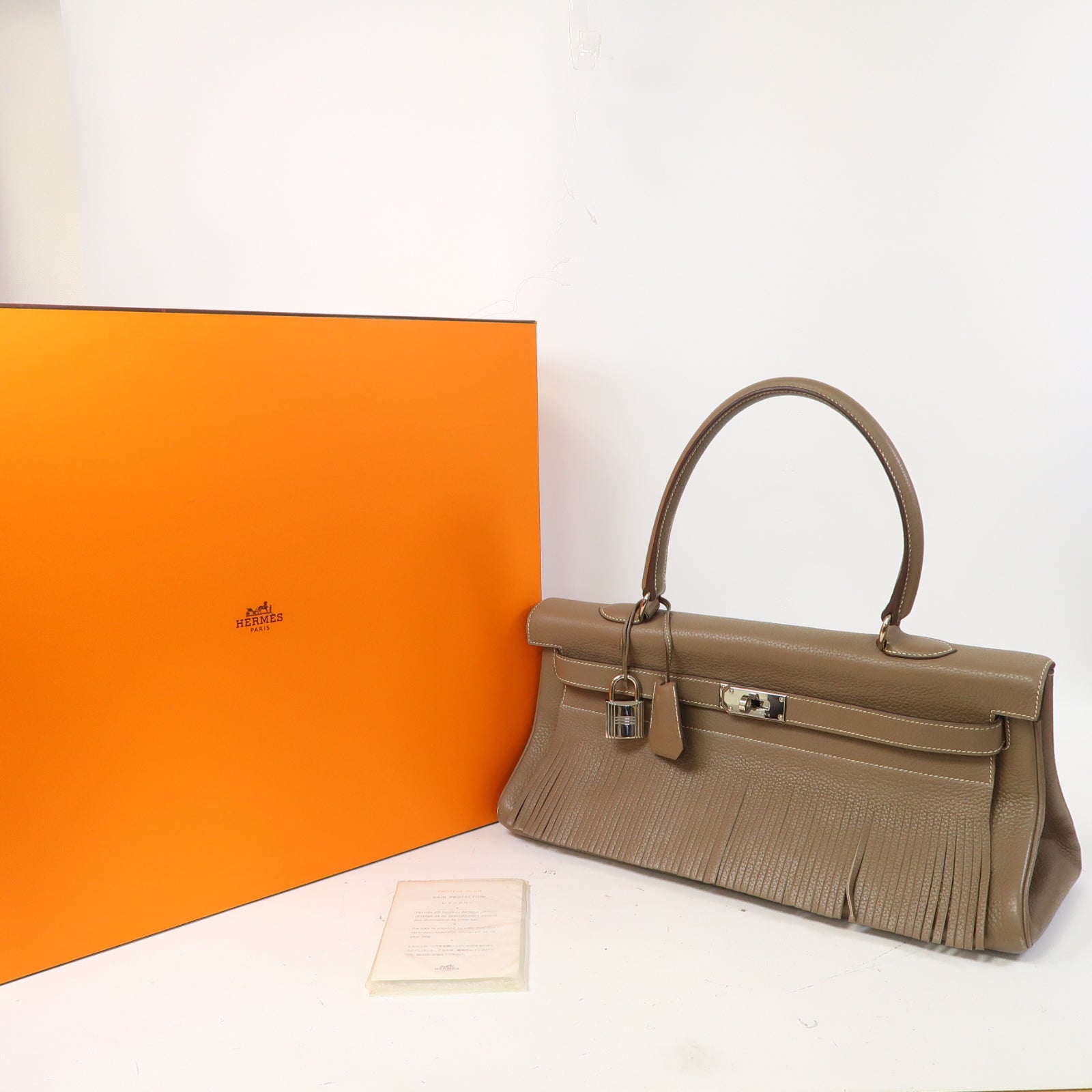 HERMES Clemence皮革Kelly Fringe銀扣肩背袋大象灰色