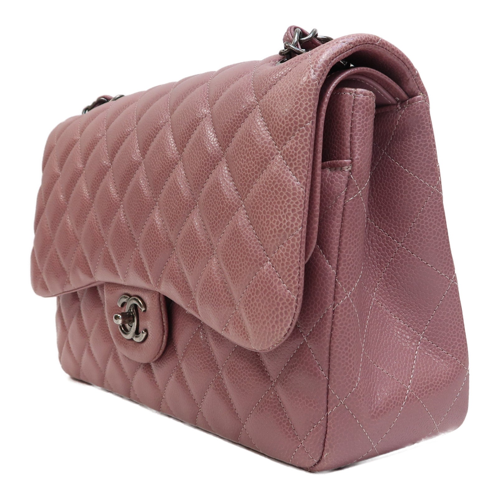 CHANEL 【激減優惠】菱格Caviar皮革Classic Double Flap Bag Jumbo銀扣鏈帶肩背袋紫色