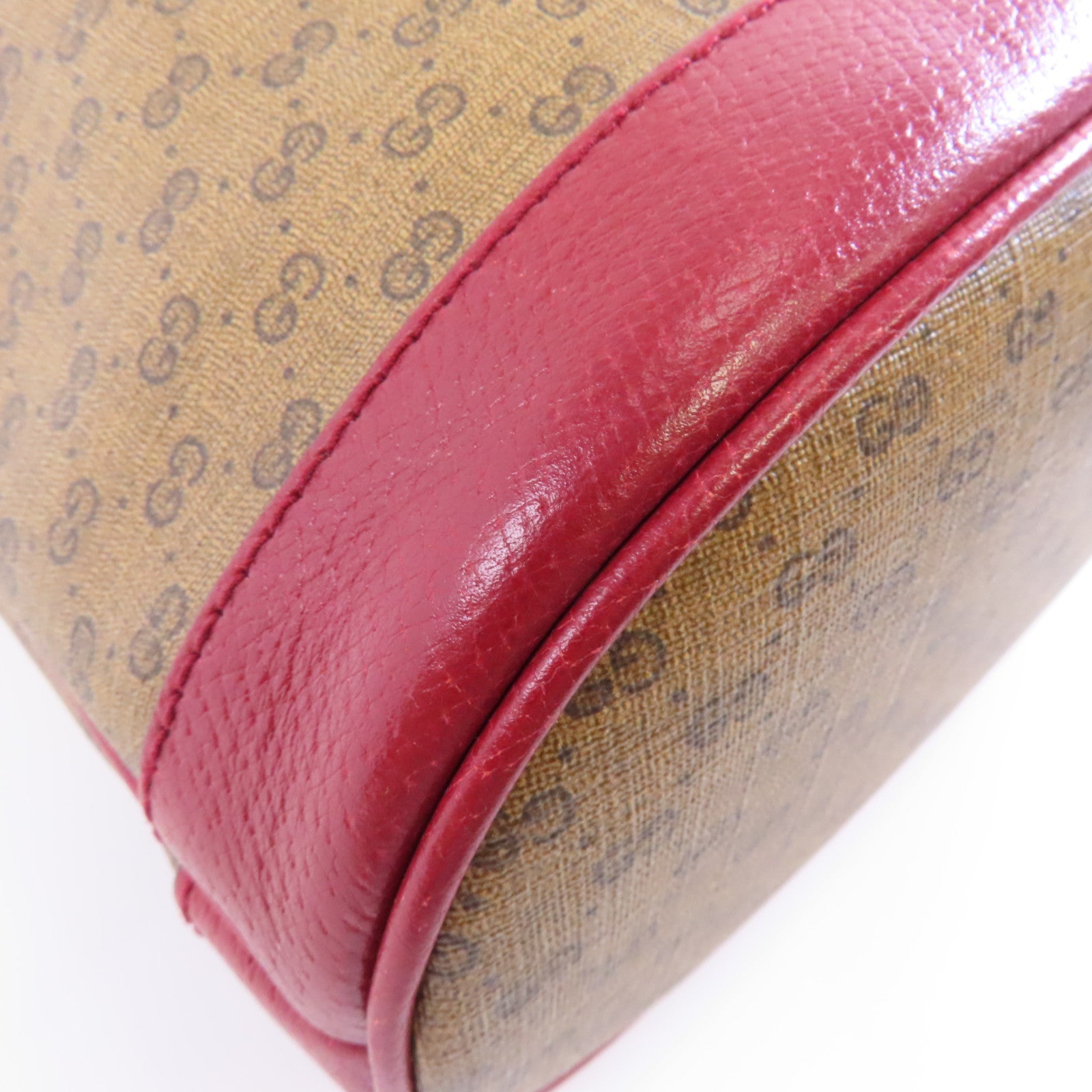 GUCCI 塗層帆布Bucket Bag金扣肩背袋棕色/紅色