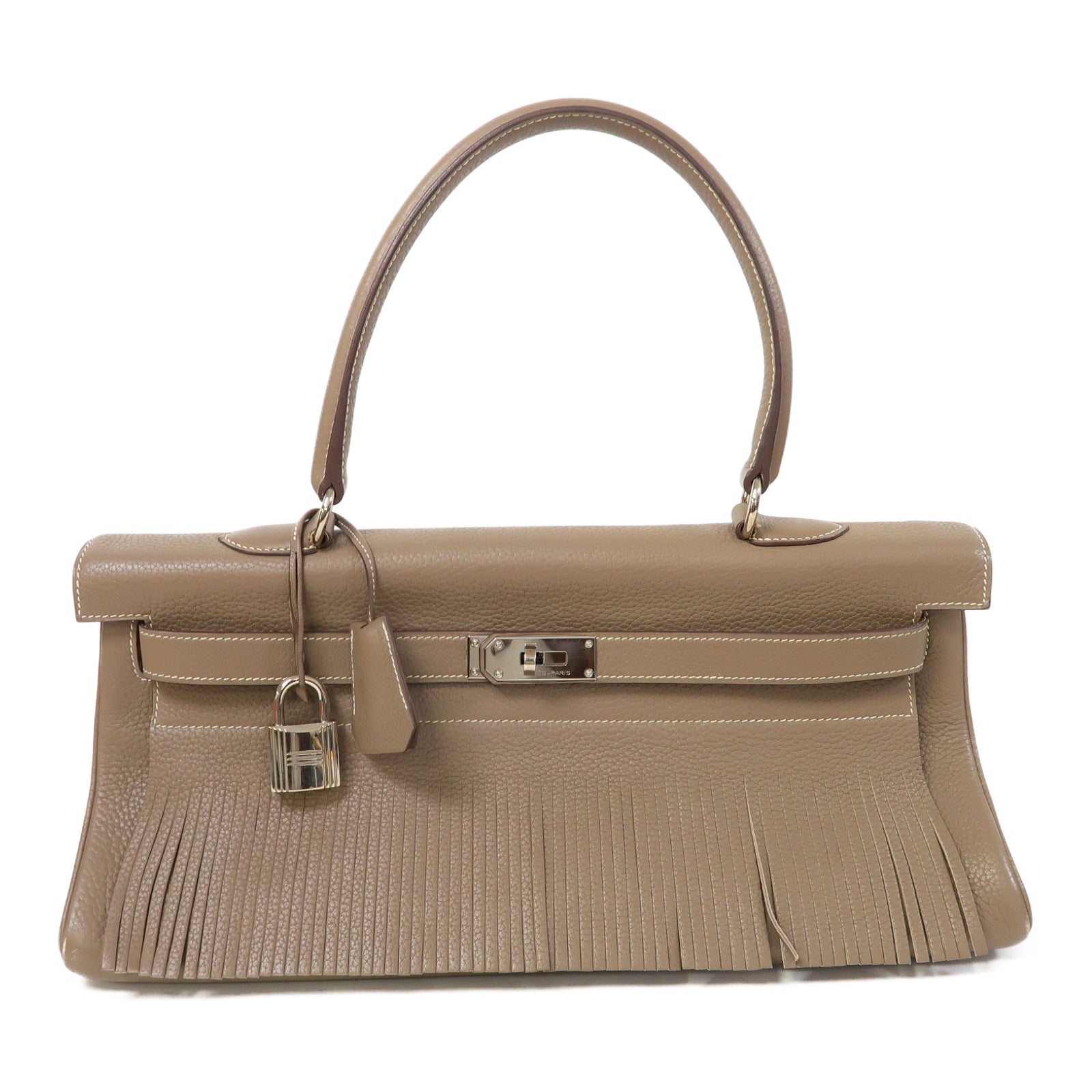 HERMES Clemence皮革Kelly Fringe銀扣肩背袋大象灰色
